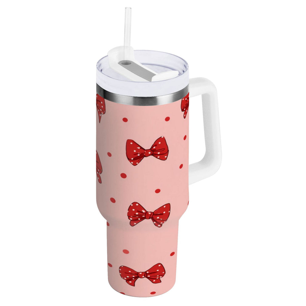 40 oz Insulated Stainless Steel Tumbler Double Wall Stainless Steel Tumbler with 2-Way Drinking Red Bows and Polka Dots C531M
