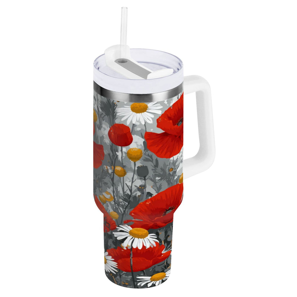 40 oz Insulated Stainless Steel Tumbler Double Wall Stainless Steel Tumbler with 2-Way Drinking Red Flowers and Daisies C498X