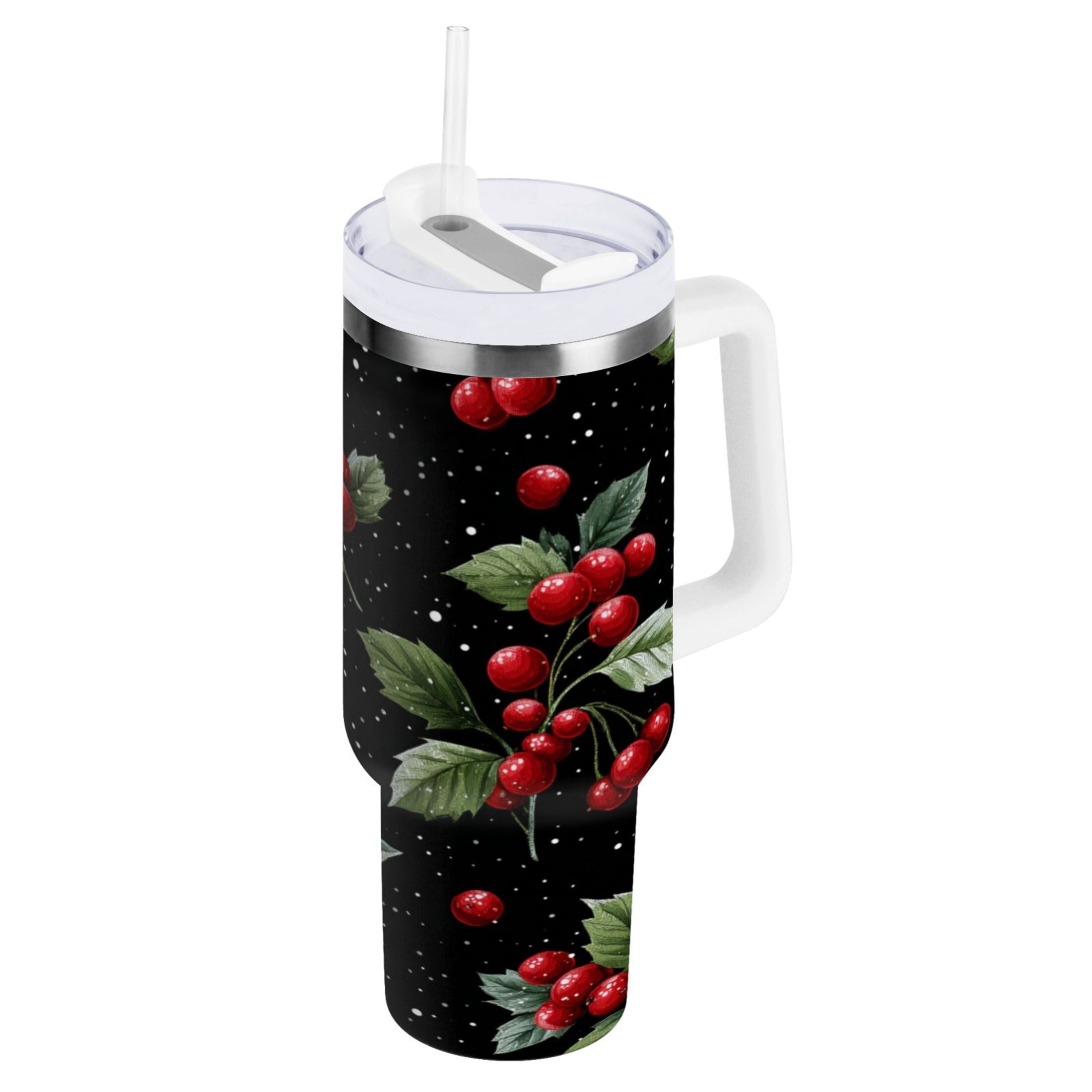 40 oz Insulated Stainless Steel Tumbler Double Wall Stainless Steel Tumbler with 2-Way Drinking Red Holly Berries Pattern C652Q