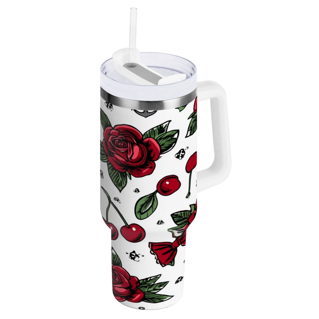 40 oz Insulated Stainless Steel Tumbler Double Wall Stainless Steel Tumbler with 2-Way Drinking Red Roses and Cherries C599Z