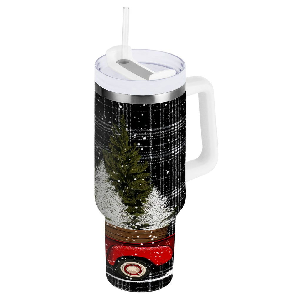 40 oz Insulated Stainless Steel Tumbler Double Wall Stainless Steel Tumbler with 2-Way Drinking Red Truck with Christmas Tree C669P