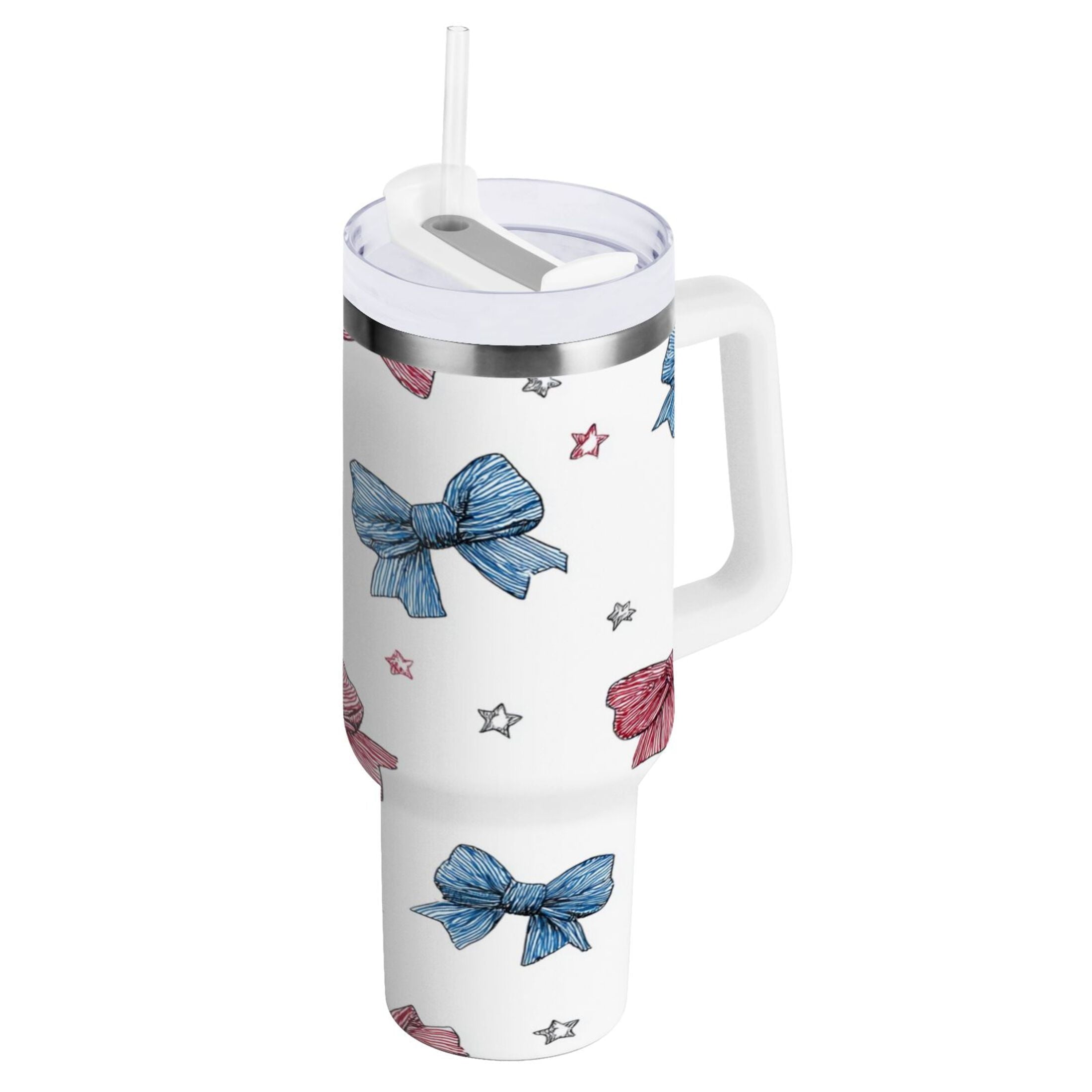 40 oz Insulated Stainless Steel Tumbler Double Wall Stainless Steel Tumbler with 2-Way Drinking Red and Blue Stripes Bows C510P