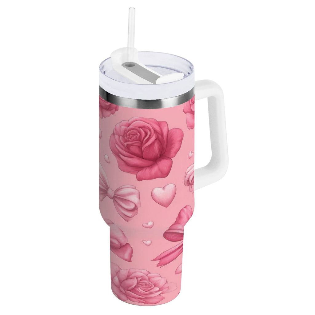 40 oz Insulated Stainless Steel Tumbler Double Wall Stainless Steel Tumbler with 2-Way Drinking Roses and Bows Pattern C661Q