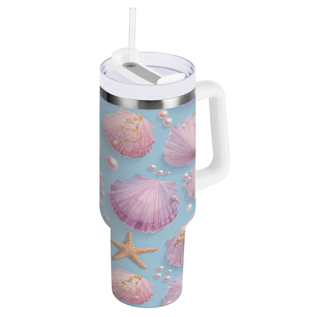 40 oz Insulated Stainless Steel Tumbler Double Wall Stainless Steel Tumbler with 2-Way Drinking Seashells and Pearls Pattern C569X