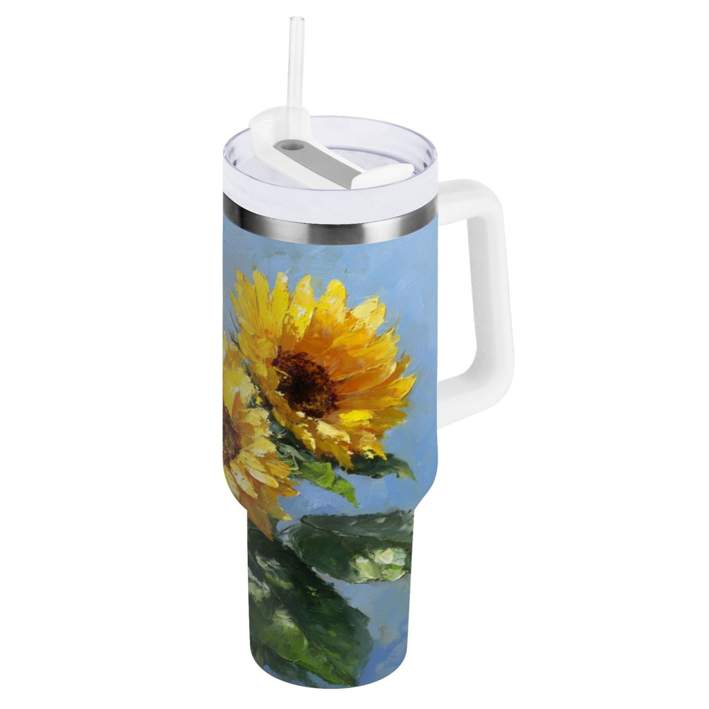 40 oz Insulated Stainless Steel Tumbler Double Wall Stainless Steel Tumbler with 2-Way Drinking Sunflowers Painting C611H