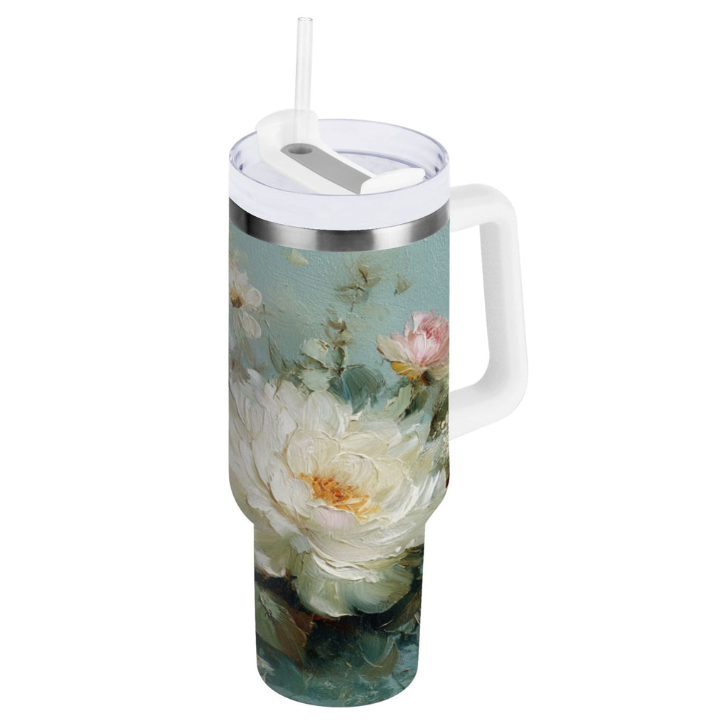 40 oz Insulated Stainless Steel Tumbler Double Wall Stainless Steel Tumbler with 2-Way Drinking Vintage Peonies and Daisies C677V