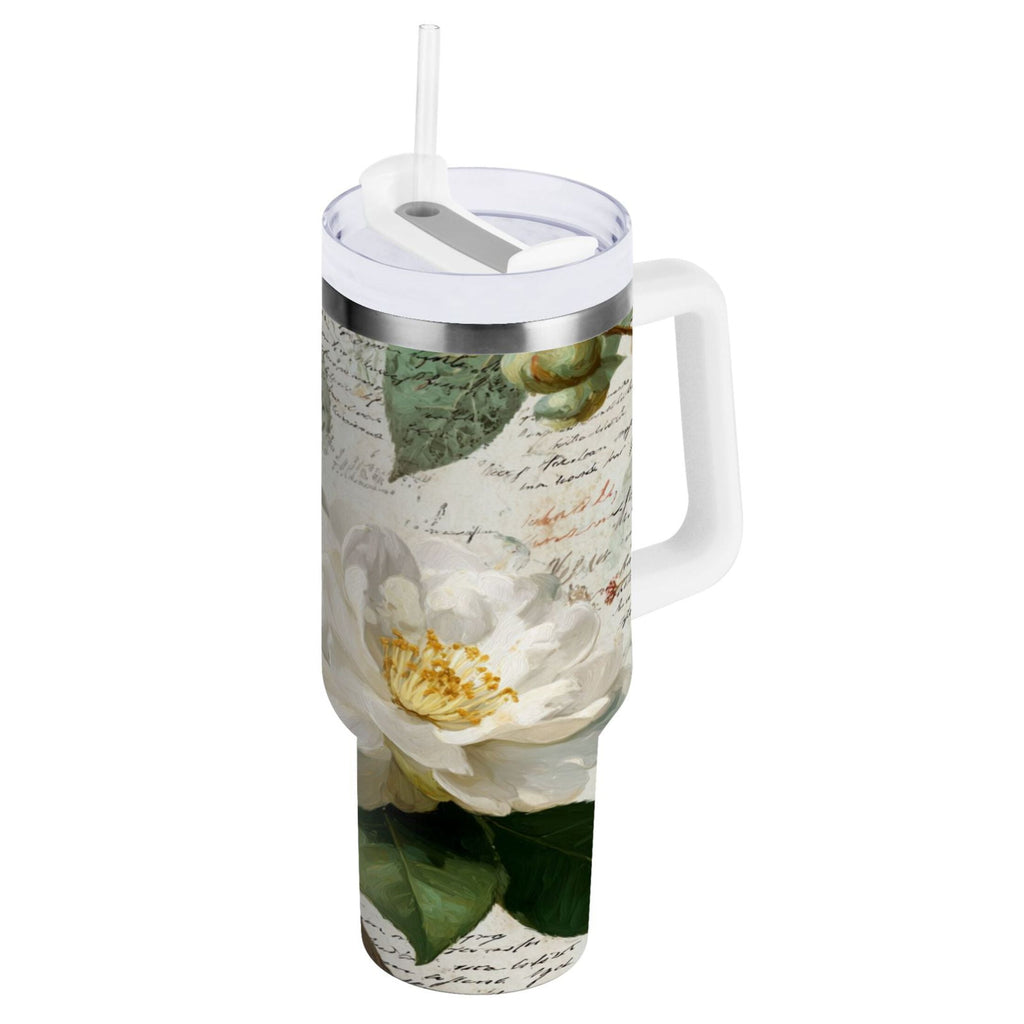 40 oz Insulated Stainless Steel Tumbler Double Wall Stainless Steel Tumbler with 2-Way Drinking Vintage White Camellias C622K