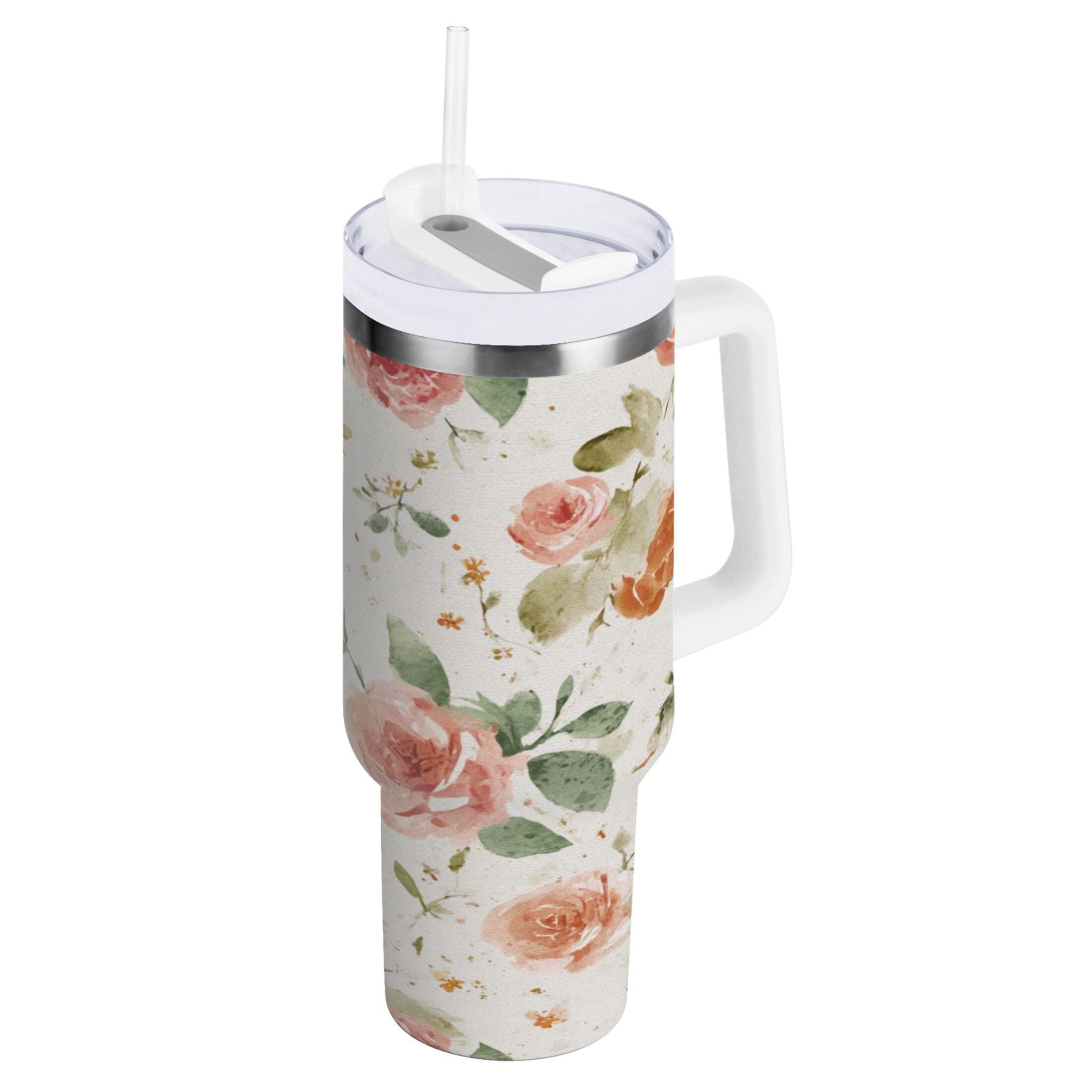 40 oz Insulated Stainless Steel Tumbler Double Wall Stainless Steel Tumbler with 2-Way Drinking Watercolor Rose Floral Pattern C499N