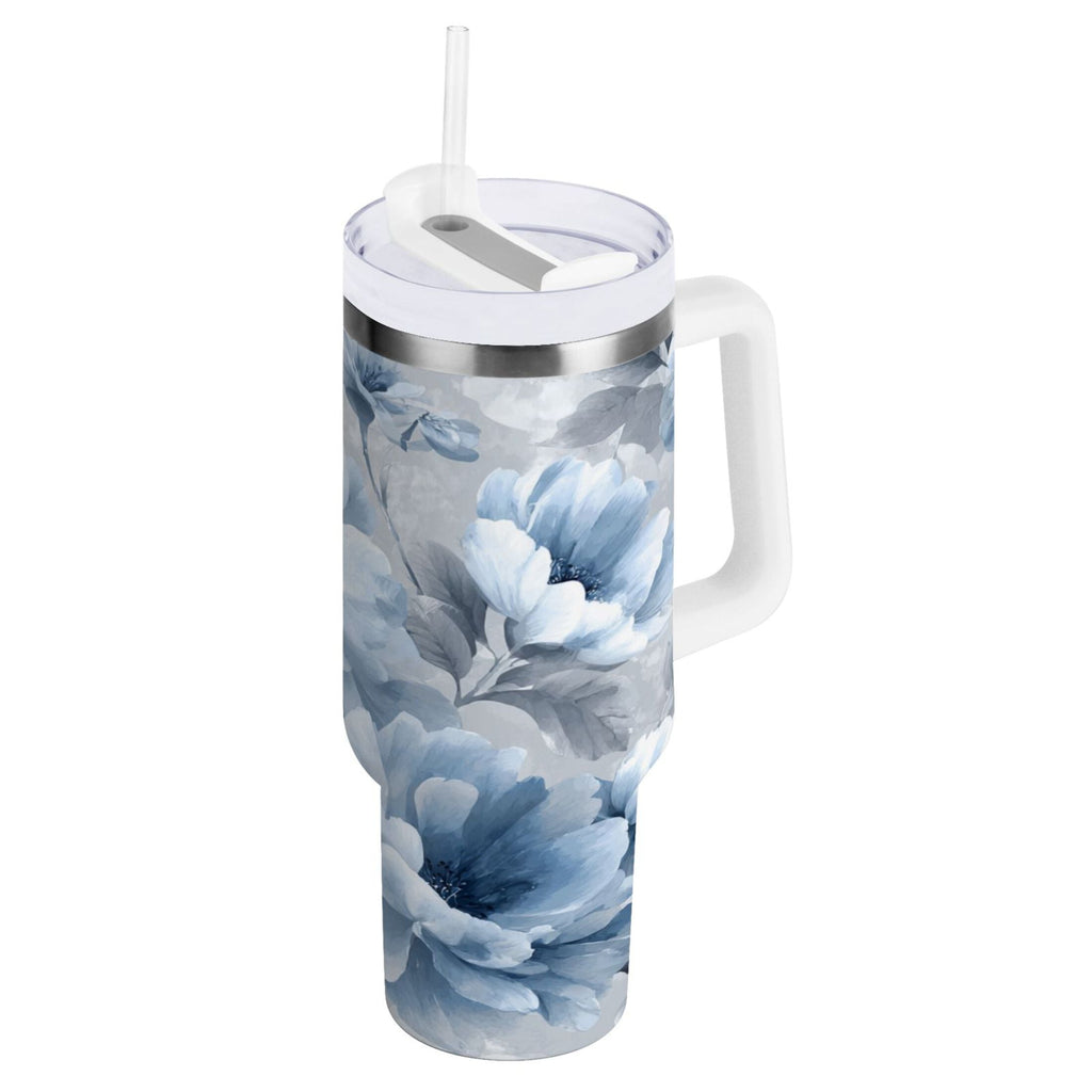 40 oz Insulated Stainless Steel Tumbler Double Wall Stainless Steel Tumbler with 2-Way Drinking White Floral Pattern C584J