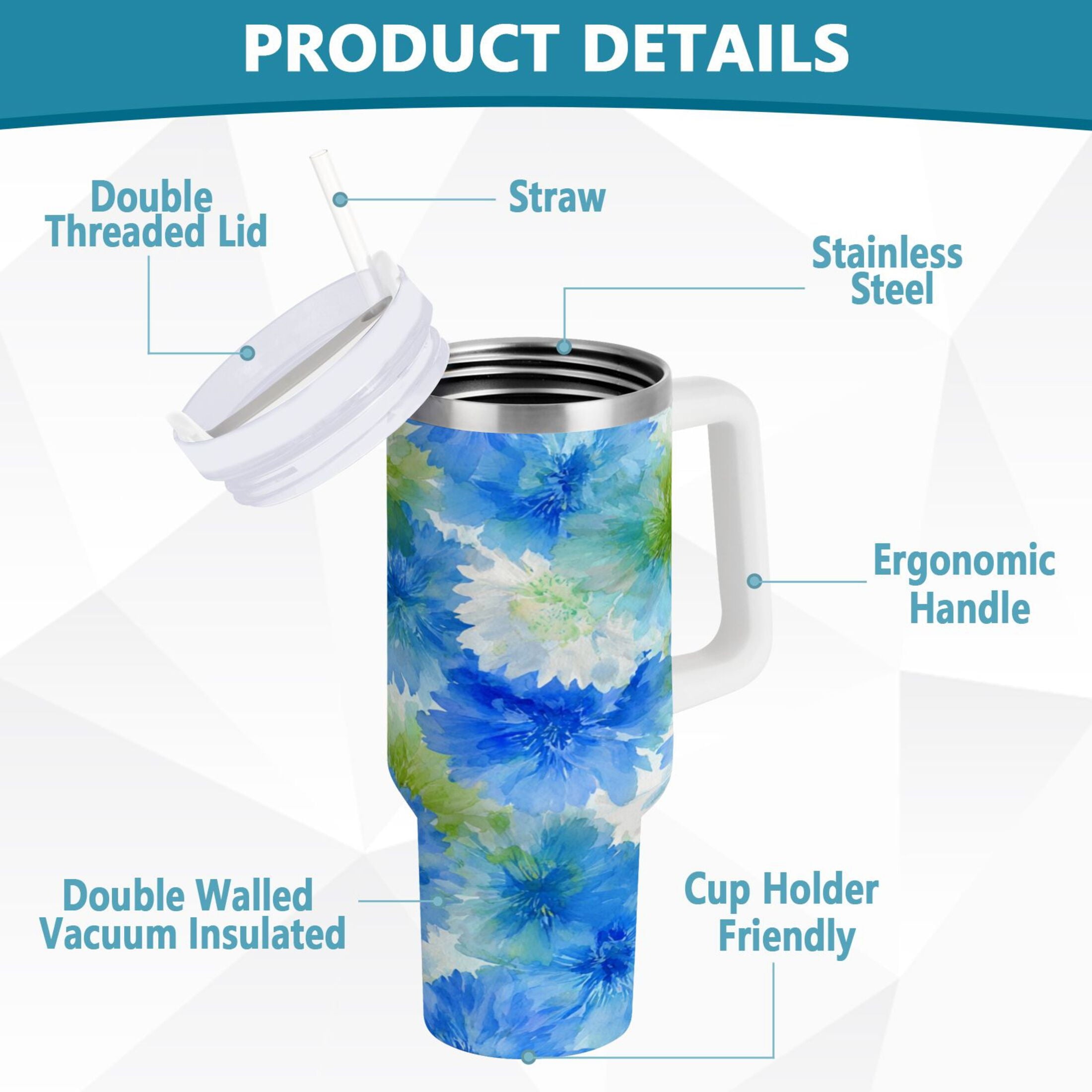 40 oz Insulated Stainless Steel Tumbler Double Wall Stainless Steel Tumbler with 2-Way Drinking Watercolor Blue Cornflowers C567W