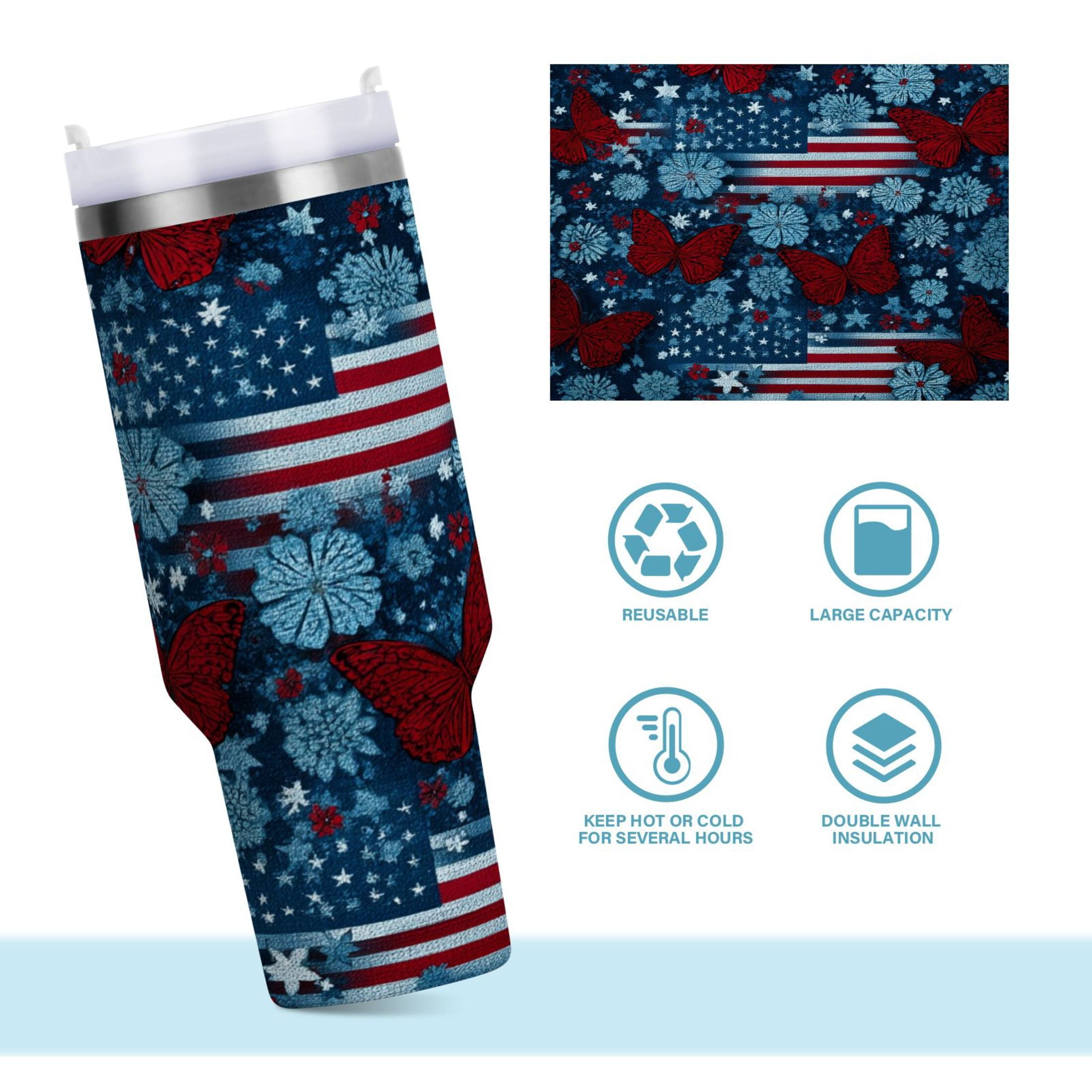30 oz Insulated Stainless Steel Tumbler Double Wall Stainless Steel Tumbler with 2-Way Drinking Red Butterflies and Flags C621U