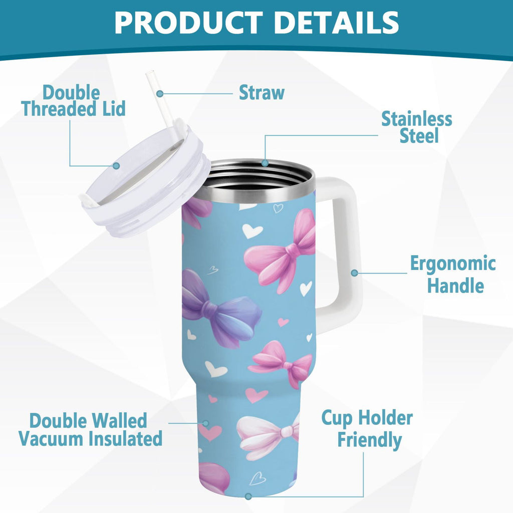 30 oz Insulated Stainless Steel Tumbler Double Wall Stainless Steel Tumbler with 2-Way Drinking Pink and Purple Bows C526T