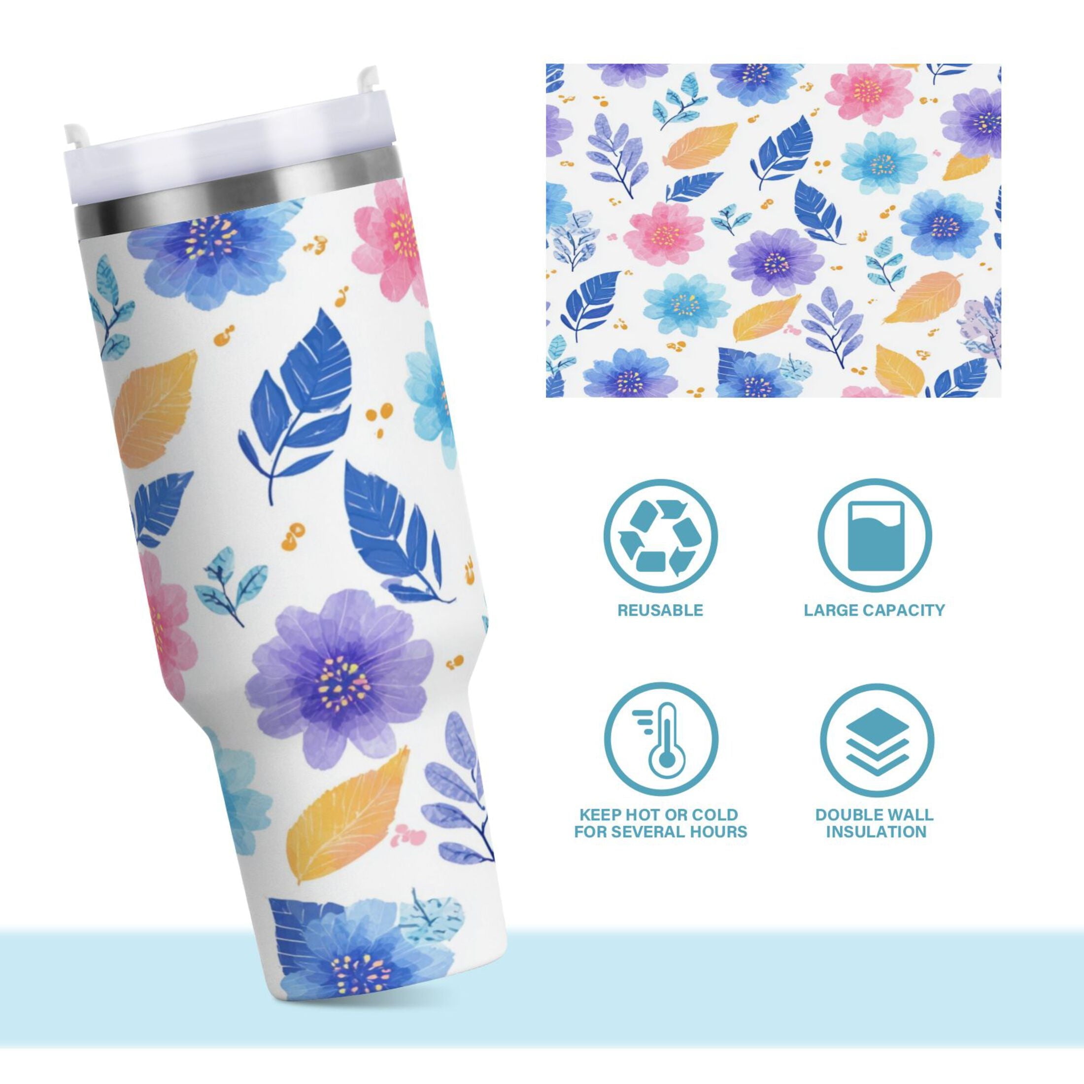30 oz Insulated Stainless Steel Tumbler Double Wall Stainless Steel Tumbler with 2-Way Drinking Blue and Purple Flowers C522D