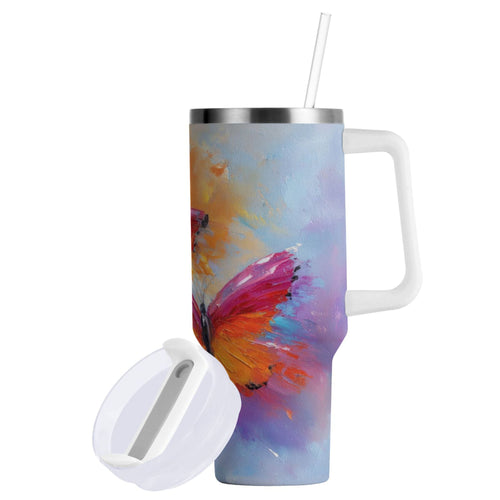 30 oz Insulated Stainless Steel Tumbler Double Wall Stainless Steel Tumbler with 2-Way Drinking Red and Orange Butterflies C467Q