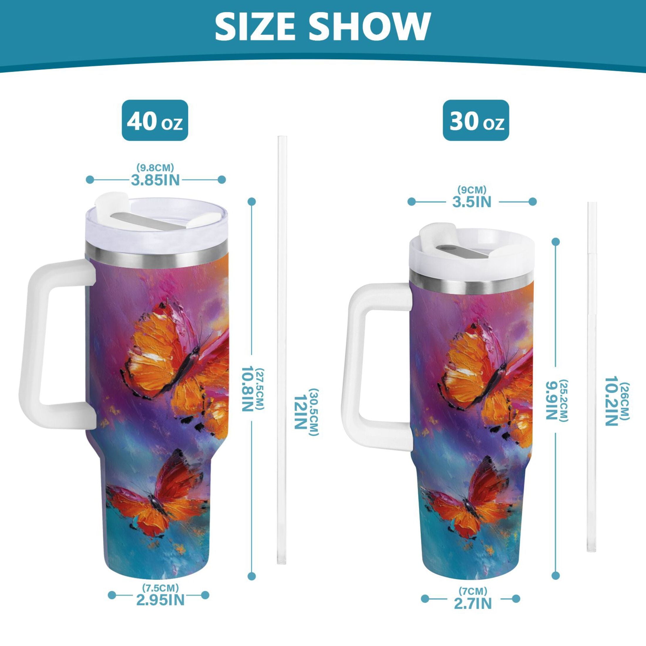 30 oz Insulated Stainless Steel Tumbler Double Wall Stainless Steel Tumbler with 2-Way Drinking Red and Orange Butterflies C467Q