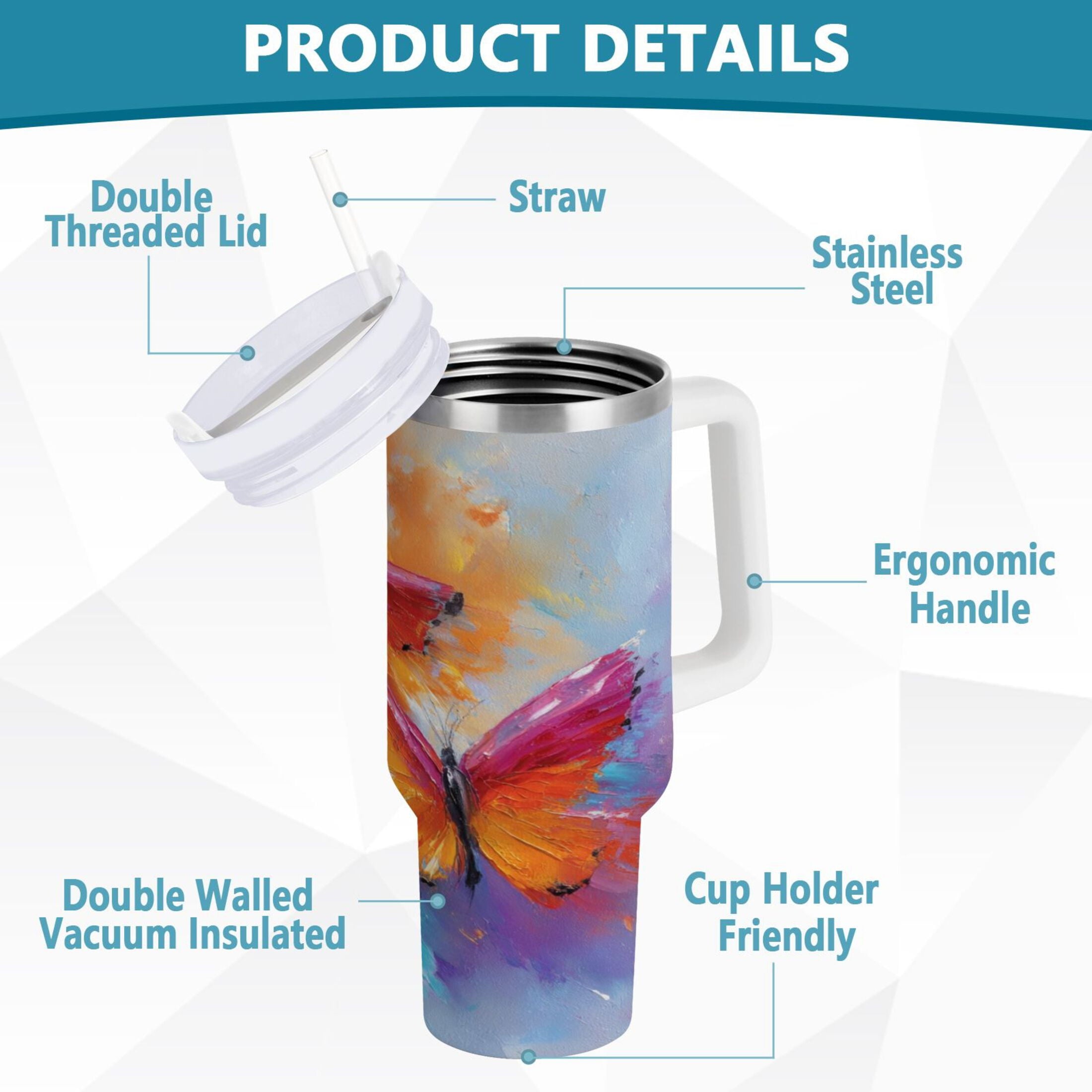 30 oz Insulated Stainless Steel Tumbler Double Wall Stainless Steel Tumbler with 2-Way Drinking Red and Orange Butterflies C467Q