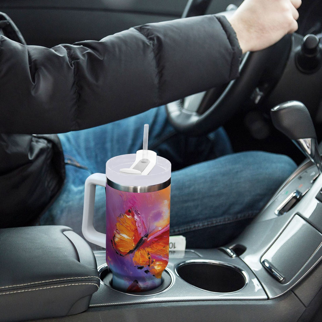 30 oz Insulated Stainless Steel Tumbler Double Wall Stainless Steel Tumbler with 2-Way Drinking Red and Orange Butterflies C467Q