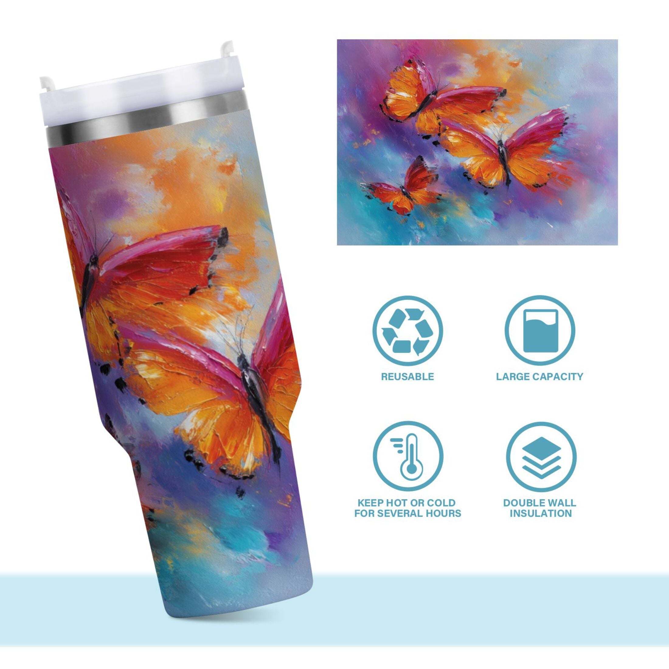 30 oz Insulated Stainless Steel Tumbler Double Wall Stainless Steel Tumbler with 2-Way Drinking Red and Orange Butterflies C467Q
