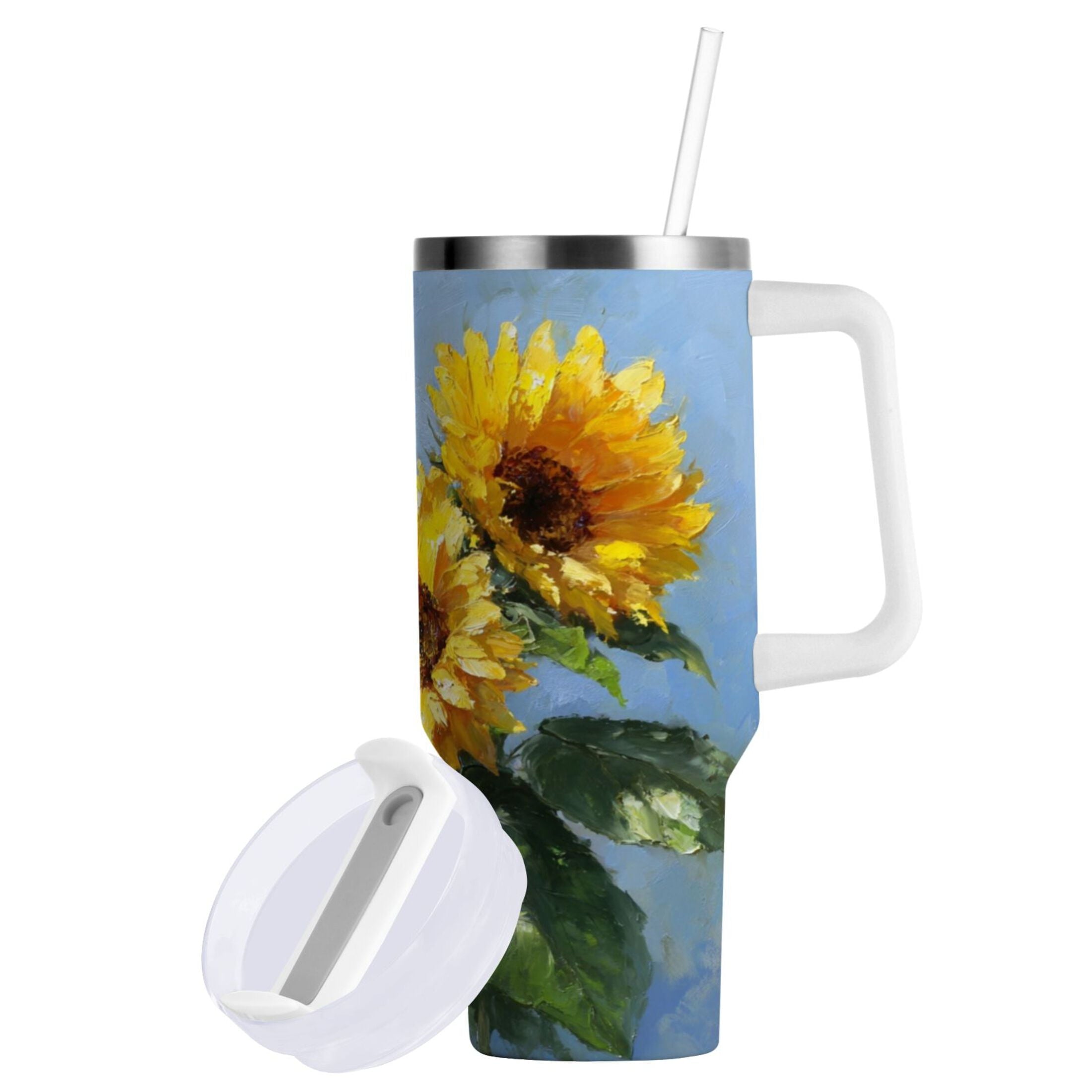 40 oz Insulated Stainless Steel Tumbler Double Wall Stainless Steel Tumbler with 2-Way Drinking Sunflowers Painting C611H