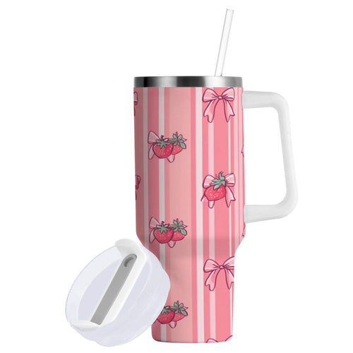 30 oz Insulated Stainless Steel Tumbler Double Wall Stainless Steel Tumbler with 2-Way Drinking Pink Bows and Strawberries C628N