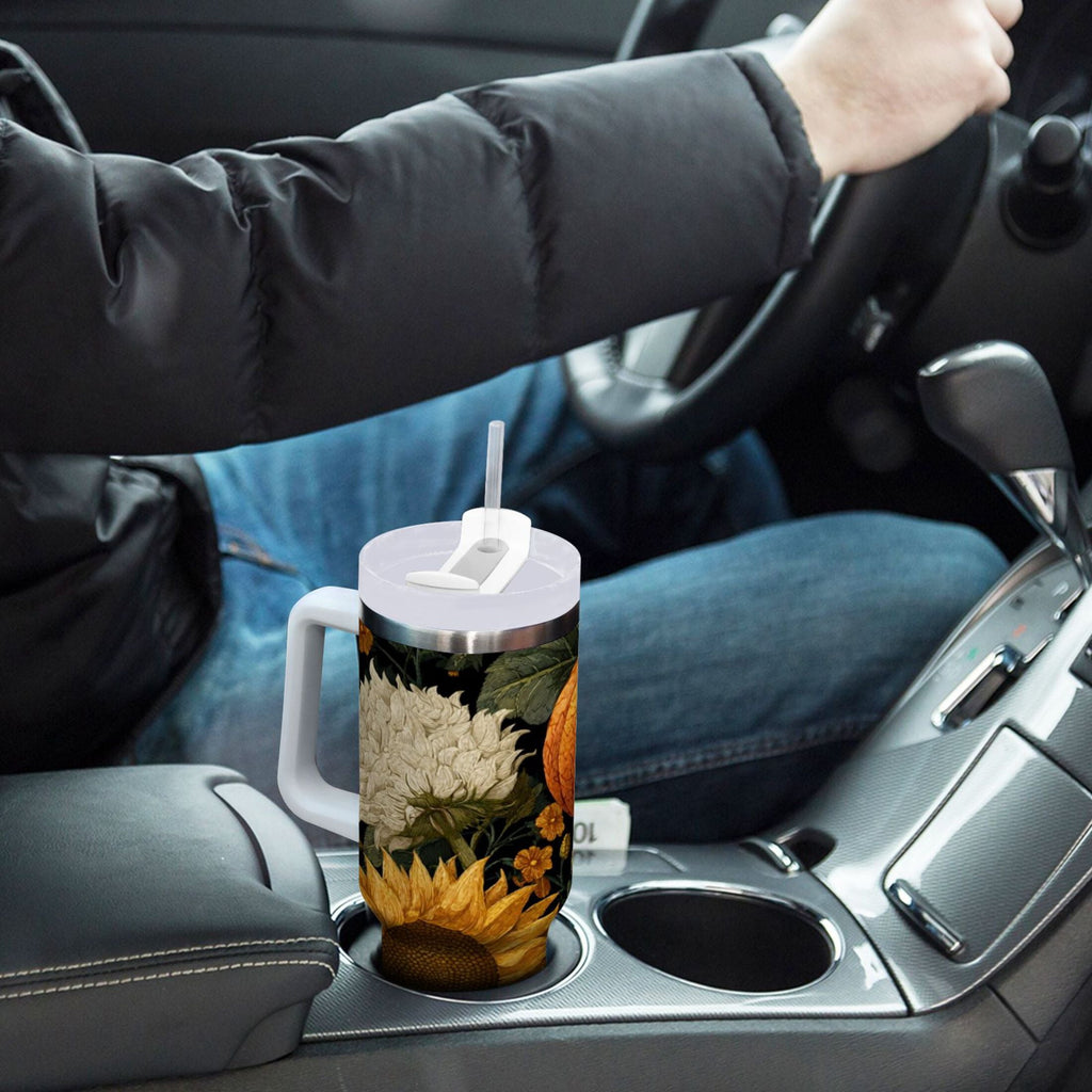 40 oz Insulated Stainless Steel Tumbler Double Wall Stainless Steel Tumbler with 2-Way Drinking Pumpkins and Sunflowers Pattern C560B
