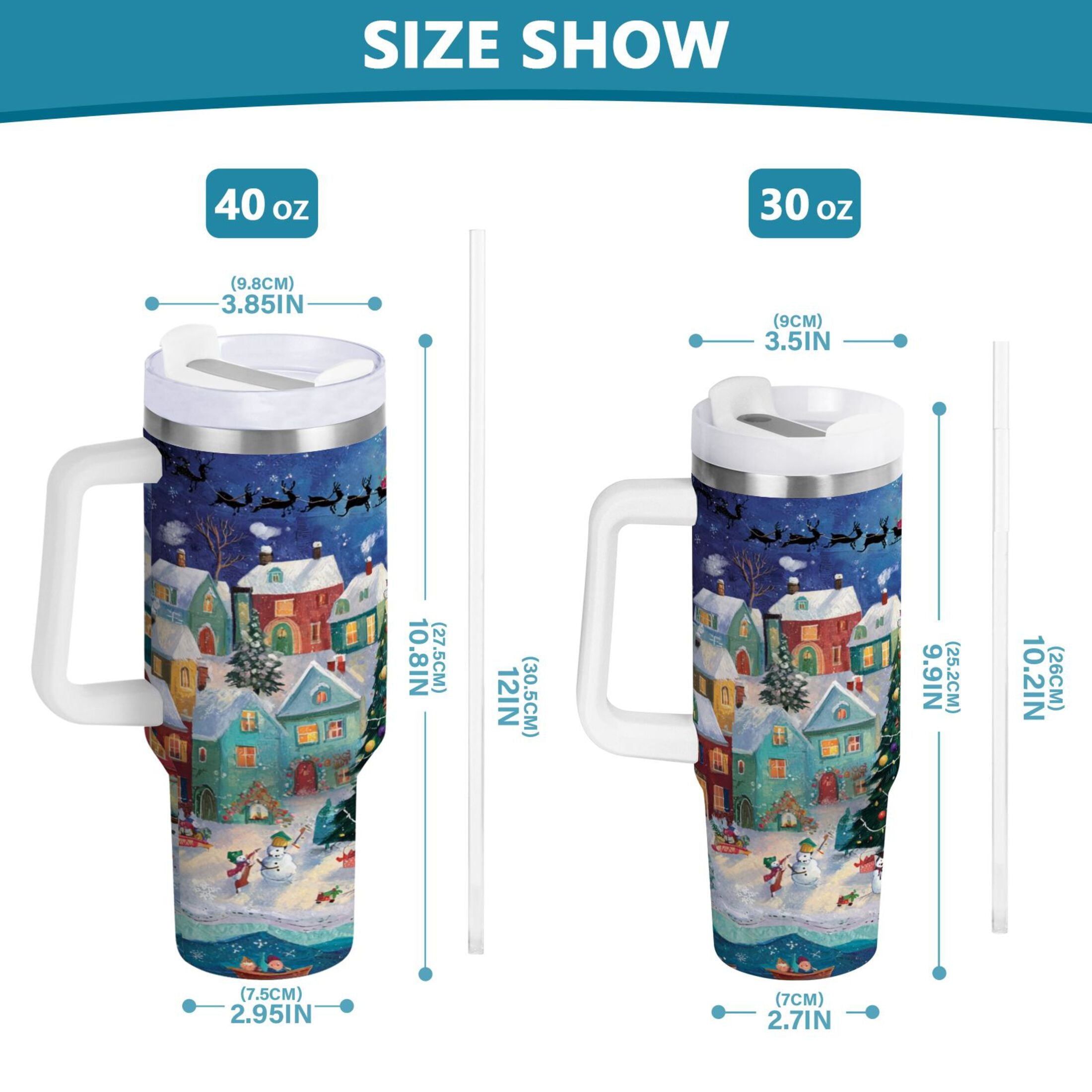 30 oz Insulated Stainless Steel Tumbler Double Wall Stainless Steel Tumbler with 2-Way Drinking Charming Christmas Scene C546C