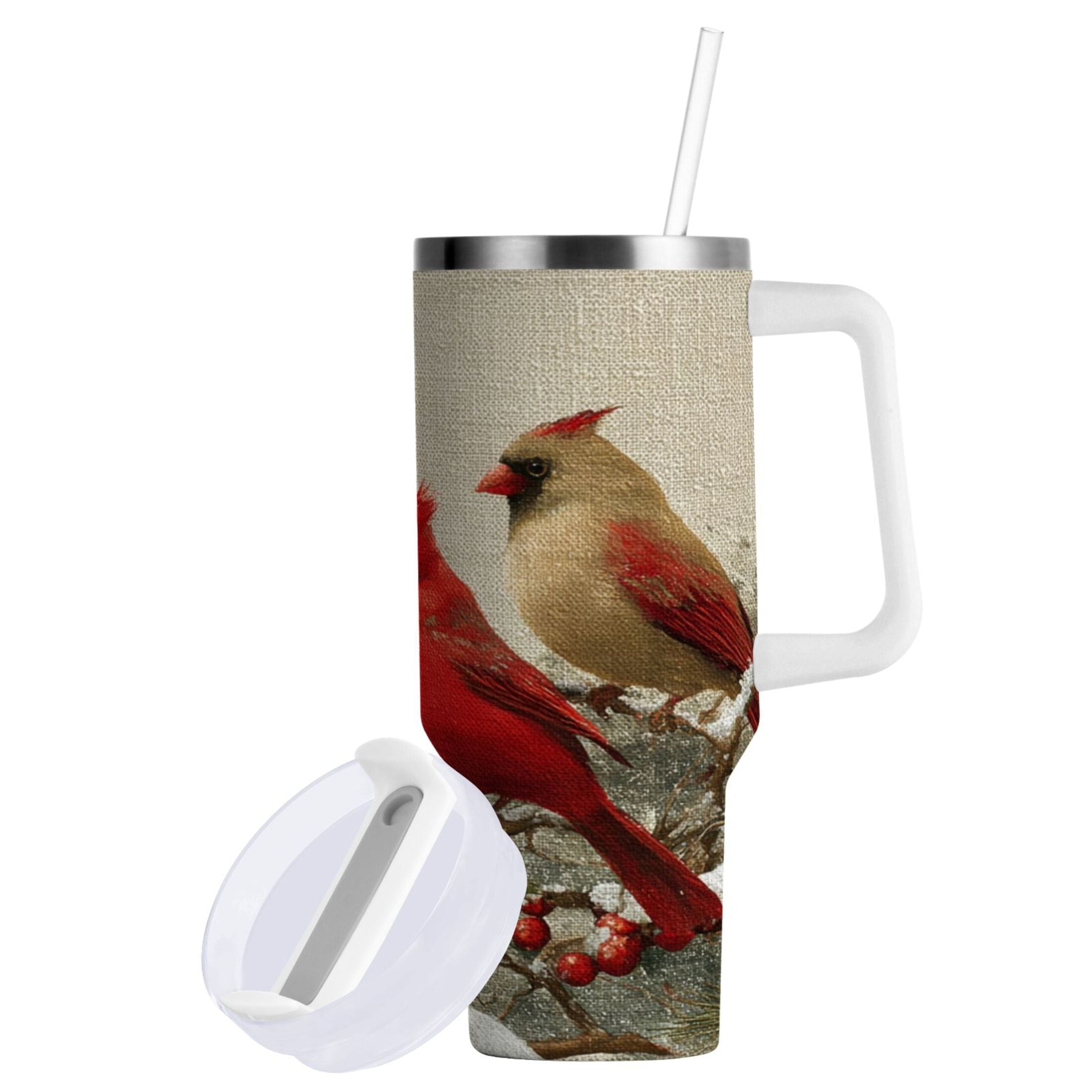 30 oz Insulated Stainless Steel Tumbler Double Wall Stainless Steel Tumbler with 2-Way Drinking Bird and Snow-covered Trees C615B
