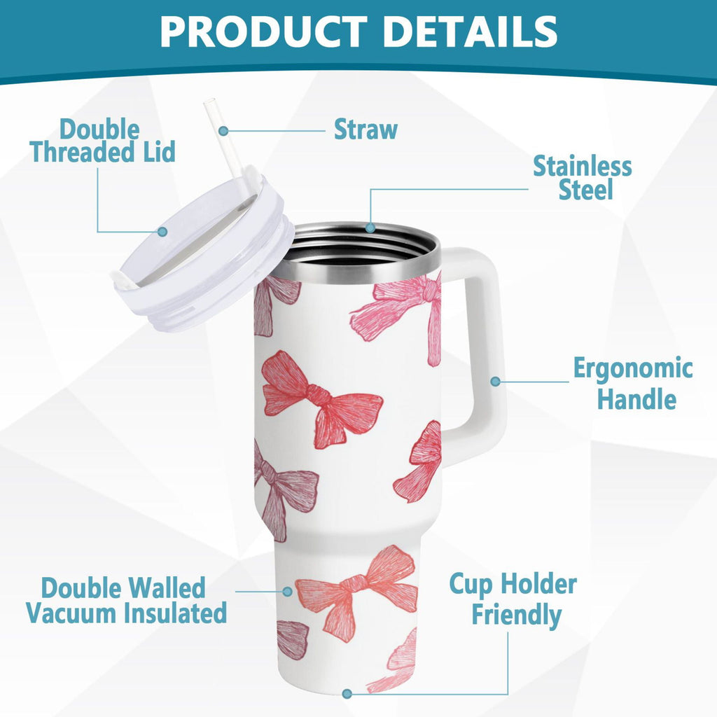 40 oz Insulated Stainless Steel Tumbler Double Wall Stainless Steel Tumbler with 2-Way Drinking Pink Bows Pattern C570E