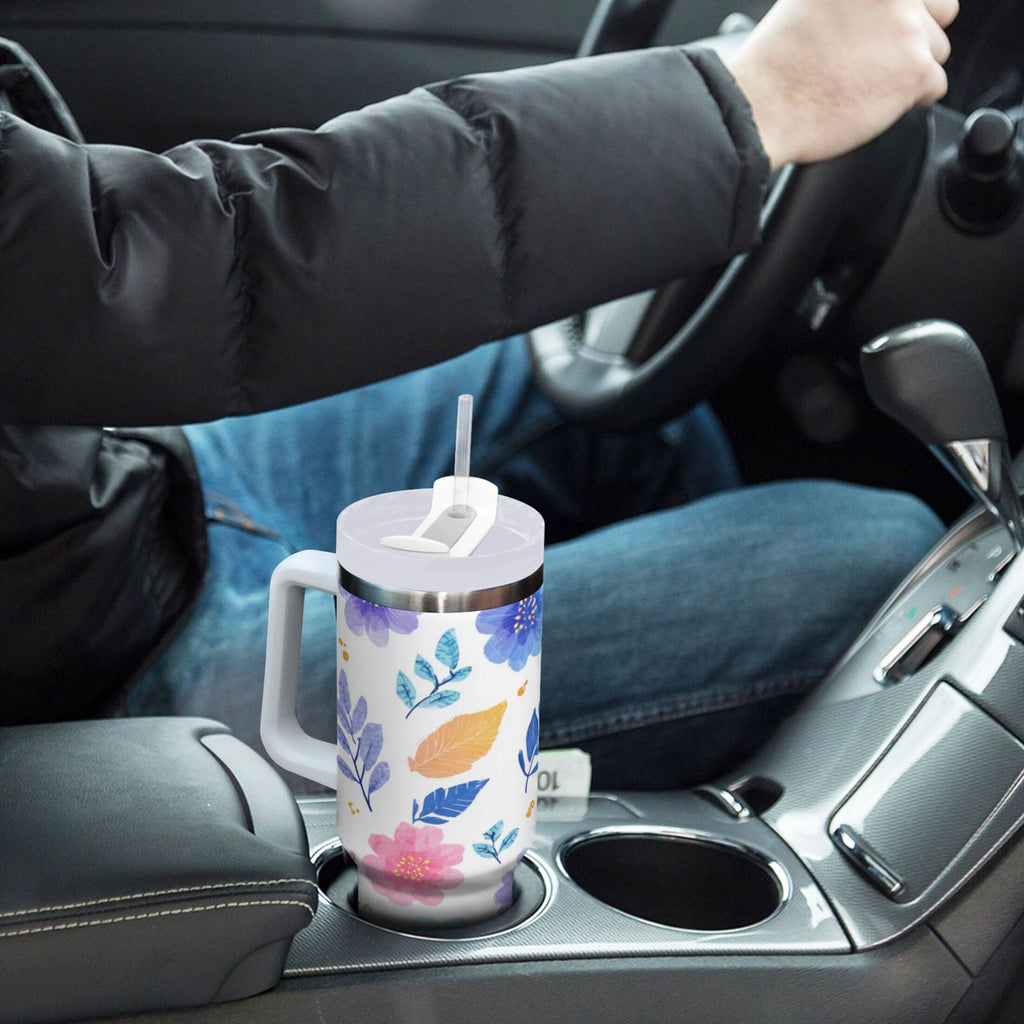 30 oz Insulated Stainless Steel Tumbler Double Wall Stainless Steel Tumbler with 2-Way Drinking Blue and Purple Flowers C522D