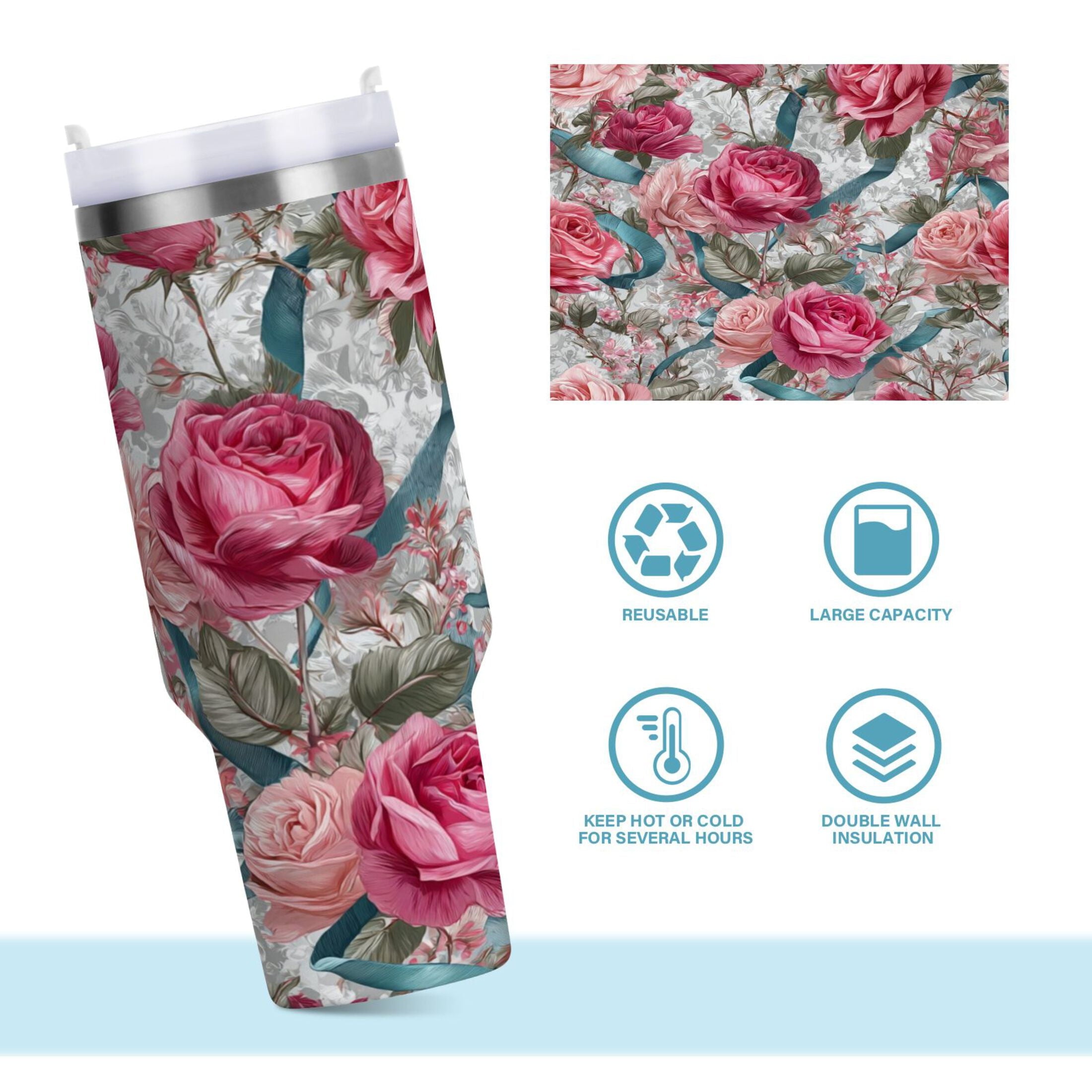 30 oz Insulated Stainless Steel Tumbler Double Wall Stainless Steel Tumbler with 2-Way Drinking Roses and Ribbons C675M