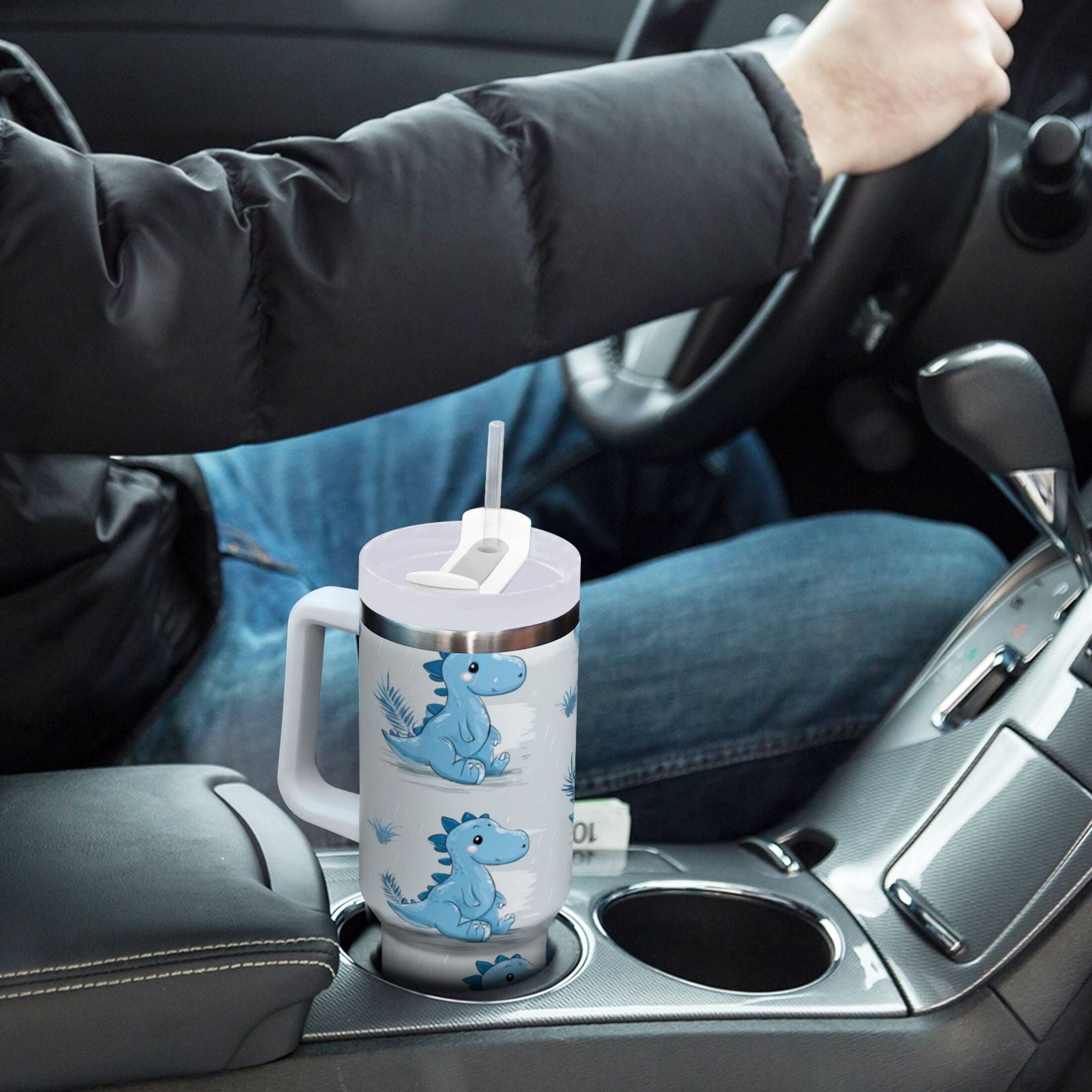 30 oz Insulated Stainless Steel Tumbler Double Wall Stainless Steel Tumbler with 2-Way Drinking Cartoon Blue Dinosaurs C495T