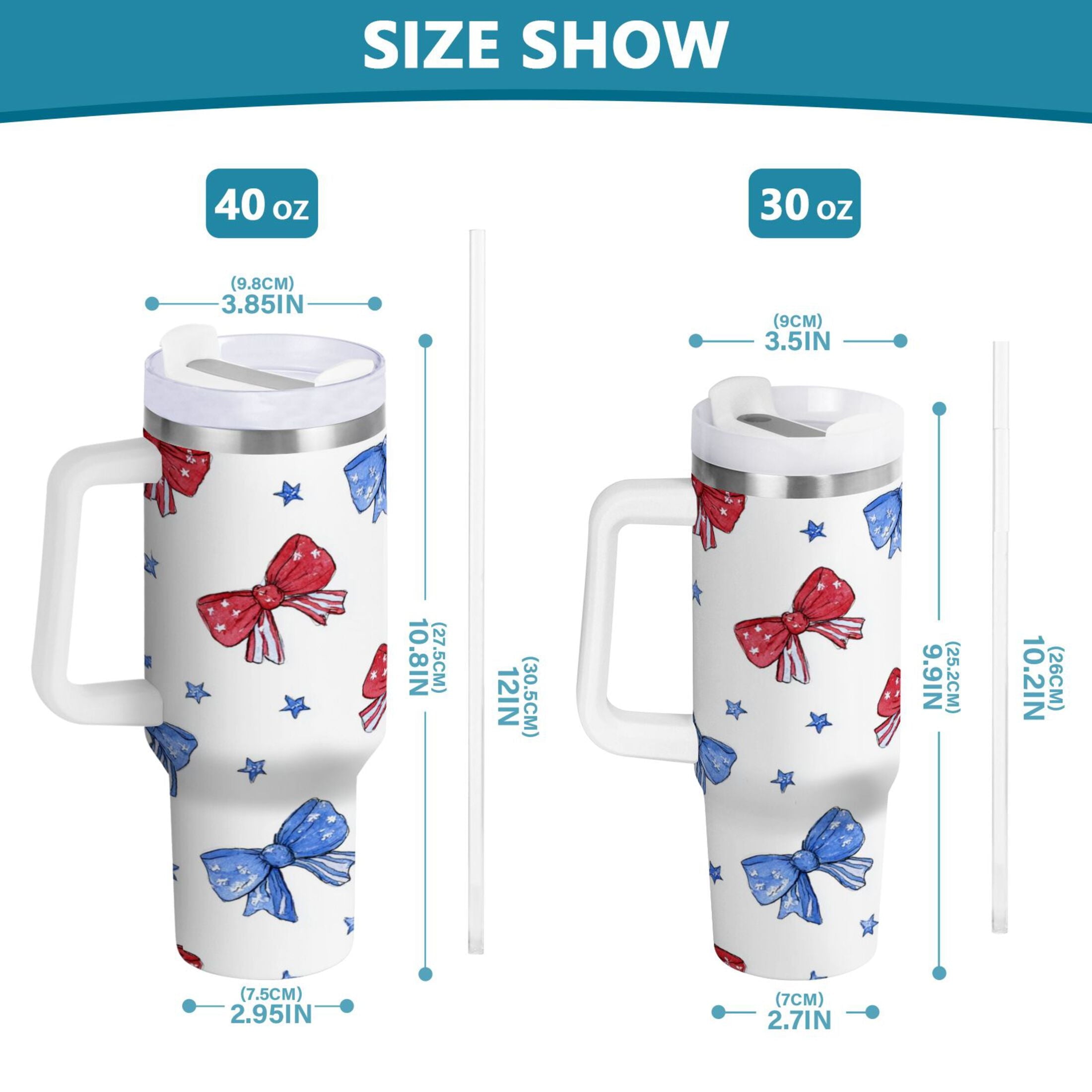 40 oz Insulated Stainless Steel Tumbler Double Wall Stainless Steel Tumbler with 2-Way Drinking Hand-drawn Bows C587D