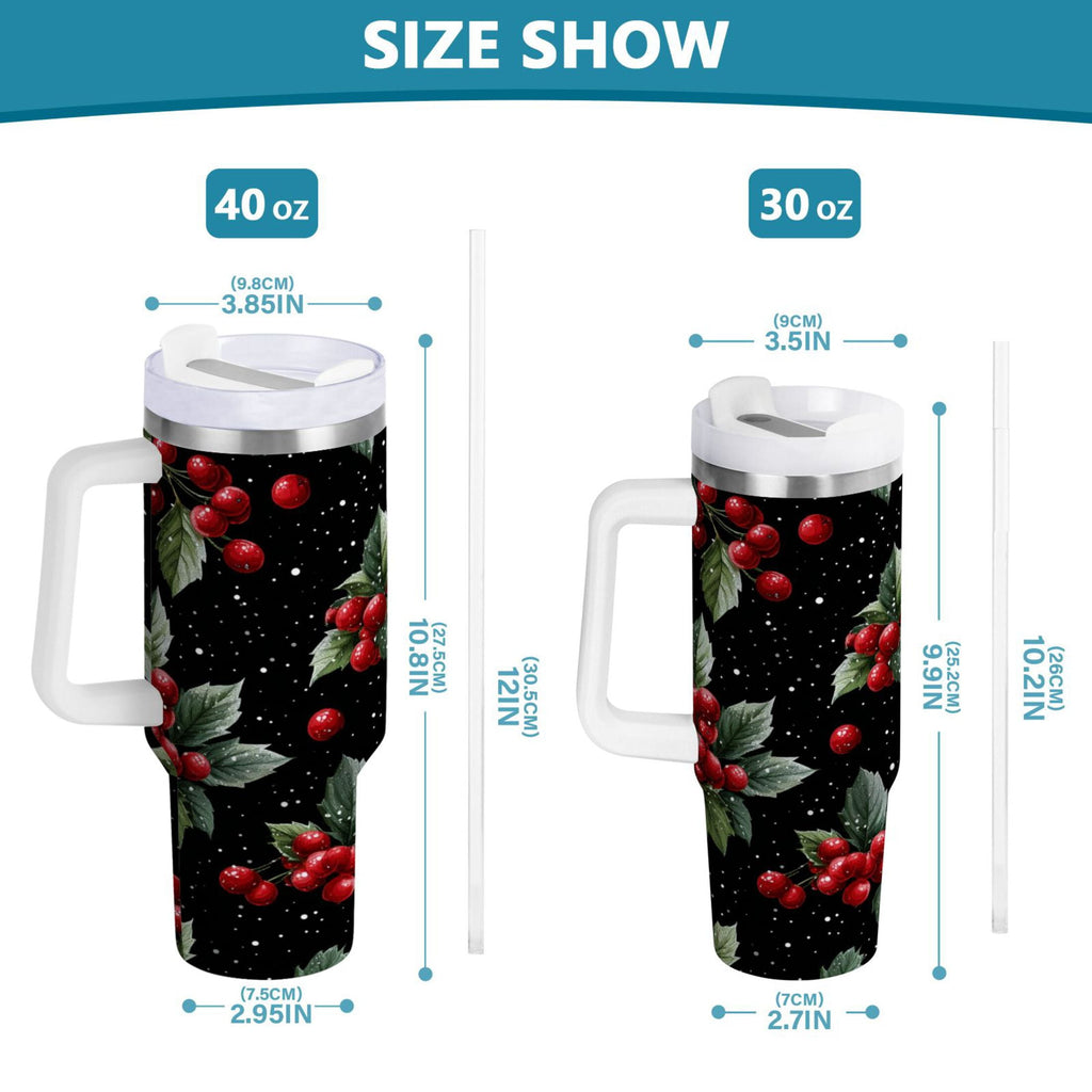 40 oz Insulated Stainless Steel Tumbler Double Wall Stainless Steel Tumbler with 2-Way Drinking Red Holly Berries Pattern C652Q