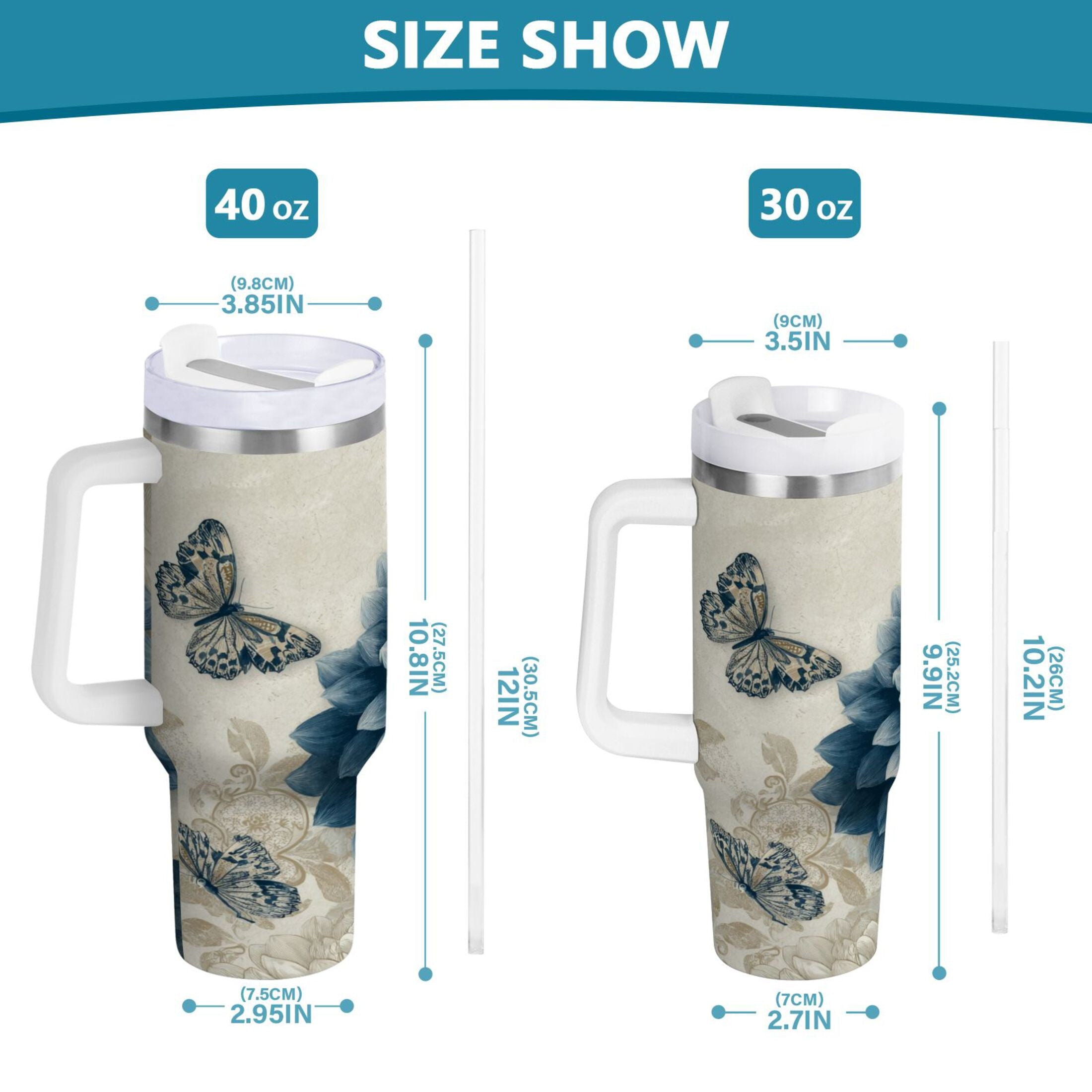 40 oz Insulated Stainless Steel Tumbler Double Wall Stainless Steel Tumbler with 2-Way Drinking Blue Flower with Butterflies C462Y