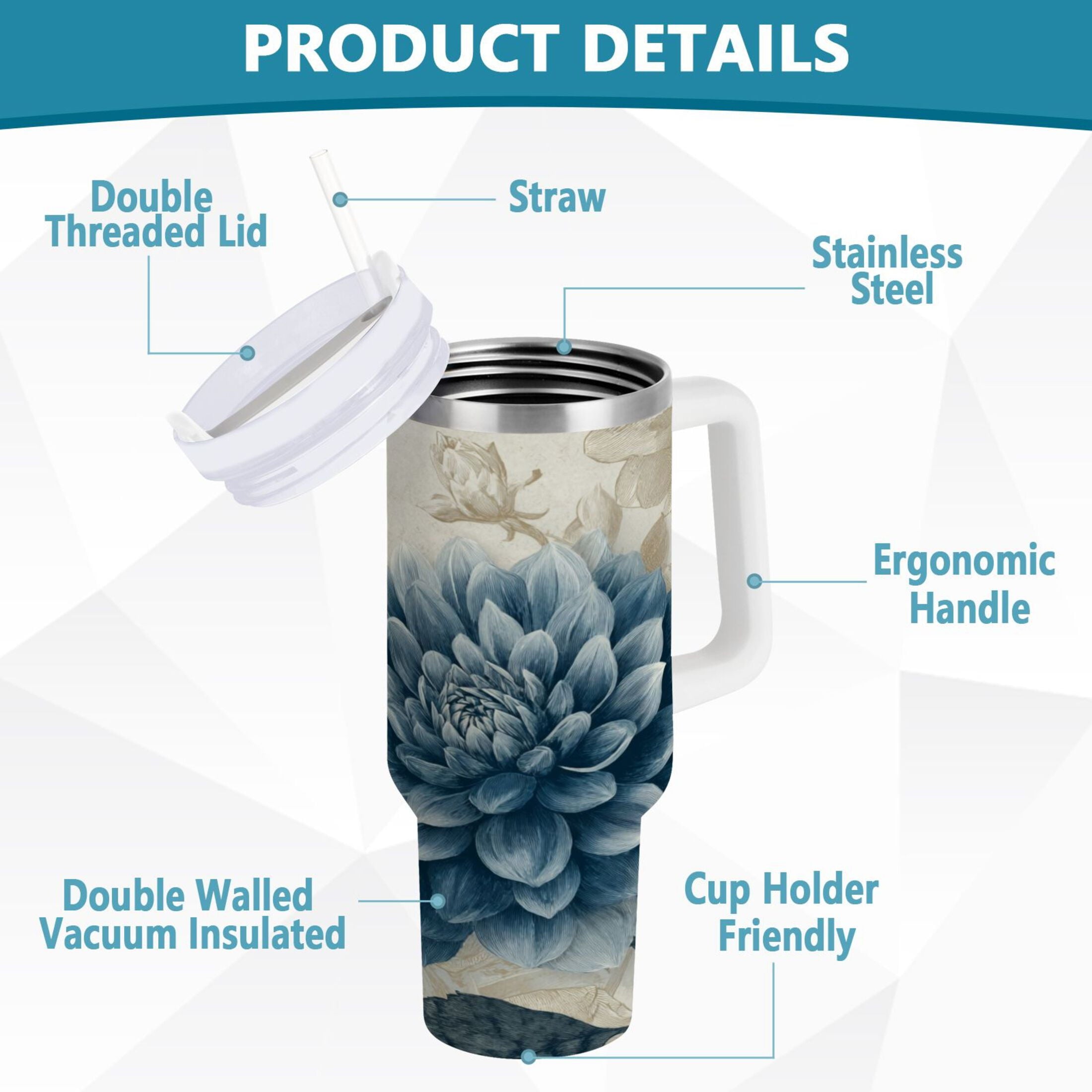 40 oz Insulated Stainless Steel Tumbler Double Wall Stainless Steel Tumbler with 2-Way Drinking Blue Flower with Butterflies C462Y