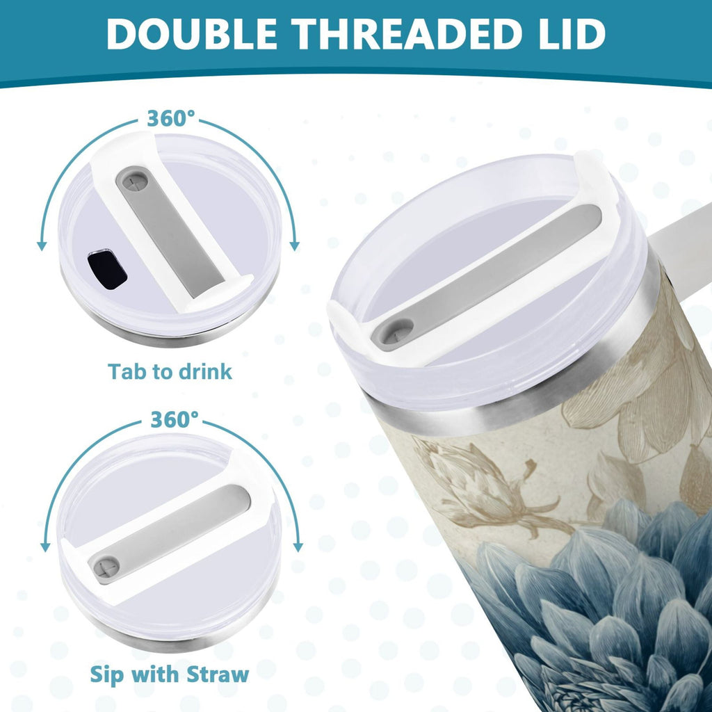 40 oz Insulated Stainless Steel Tumbler Double Wall Stainless Steel Tumbler with 2-Way Drinking Blue Flower with Butterflies C462Y