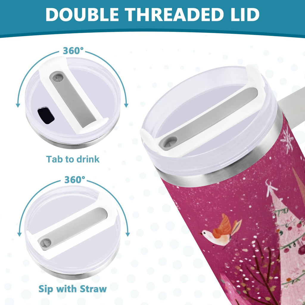 40 oz Insulated Stainless Steel Tumbler Double Wall Stainless Steel Tumbler with 2-Way Drinking Pink Christmas Forest C512J