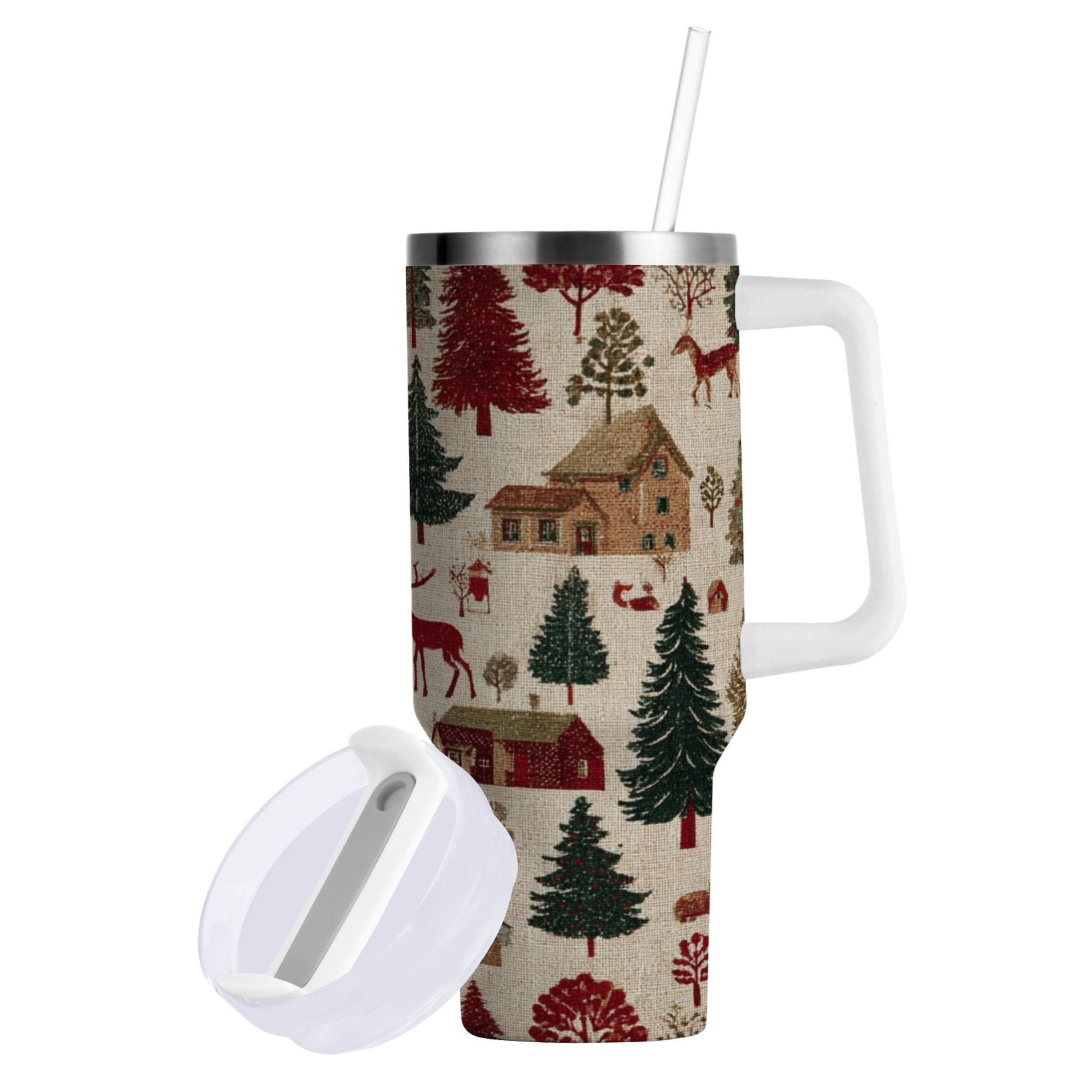 30 oz Insulated Stainless Steel Tumbler Double Wall Stainless Steel Tumbler with 2-Way Drinking Christmas Trees Deer and Houses C577W