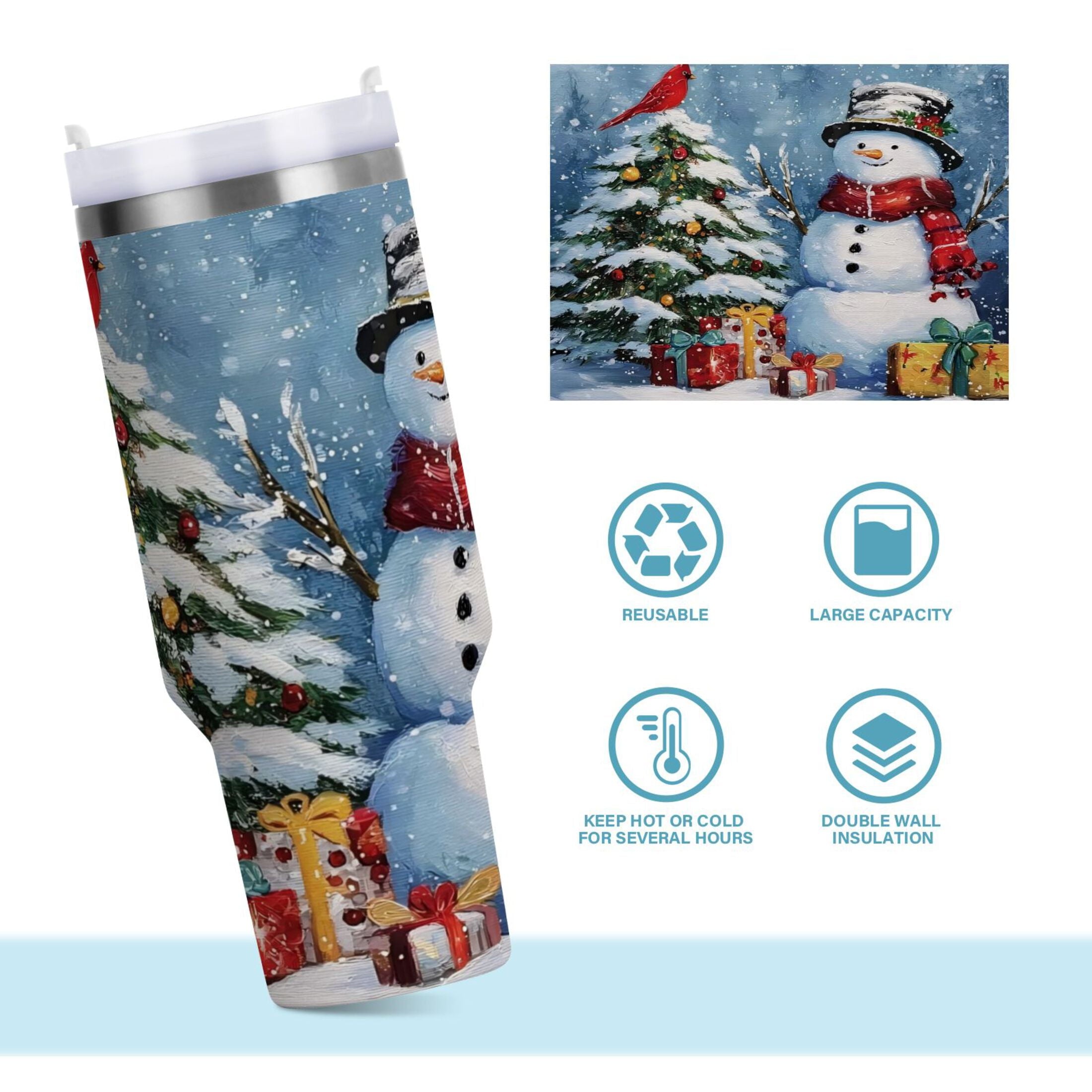 30 oz Insulated Stainless Steel Tumbler Double Wall Stainless Steel Tumbler with 2-Way Drinking Christmas Scene with Snowman C642W
