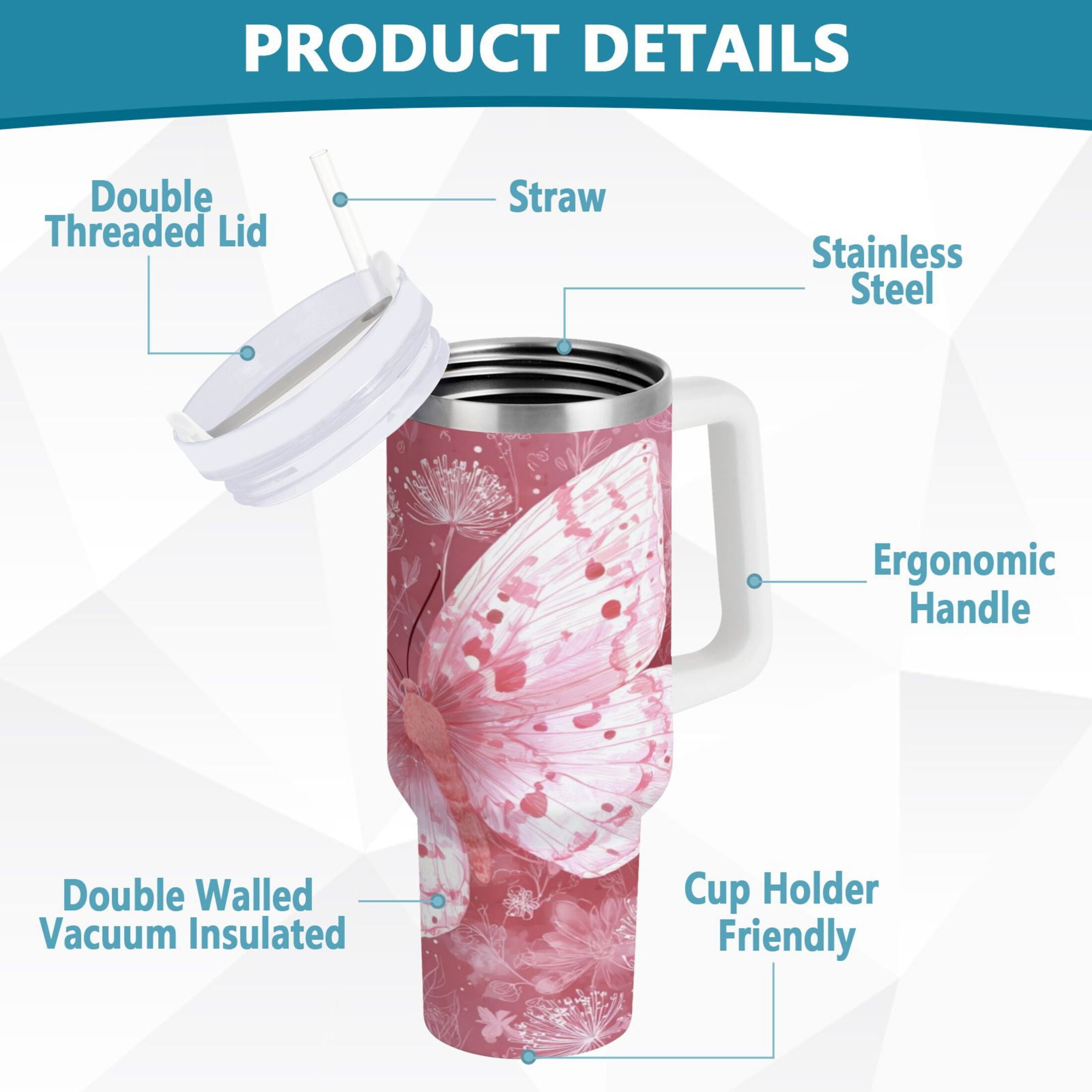 30 oz Insulated Stainless Steel Tumbler Double Wall Stainless Steel Tumbler with 2-Way Drinking Soft Pink Butterfly C561Z