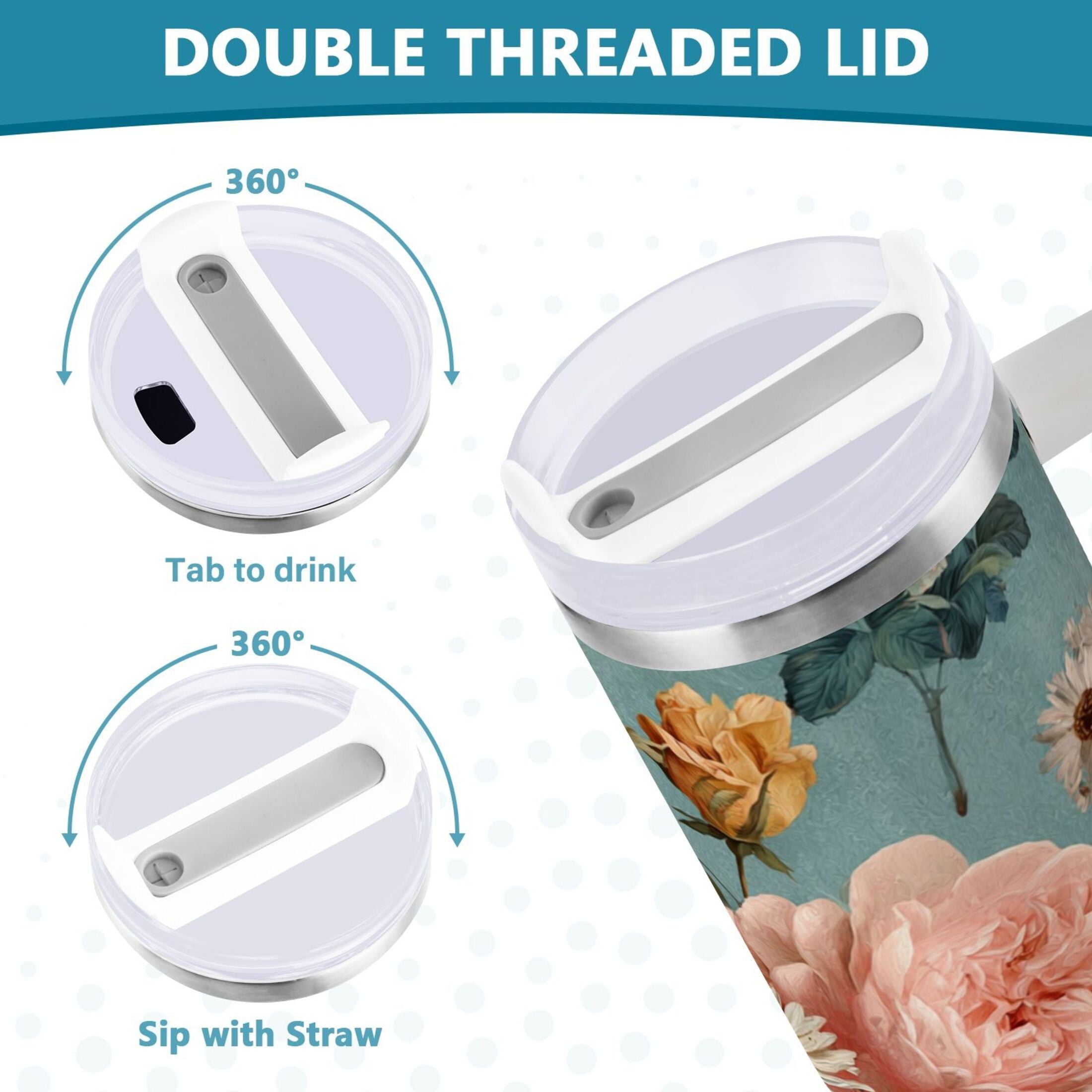 30 oz Insulated Stainless Steel Tumbler Double Wall Stainless Steel Tumbler with 2-Way Drinking Vintage Roses and Peonies C667C