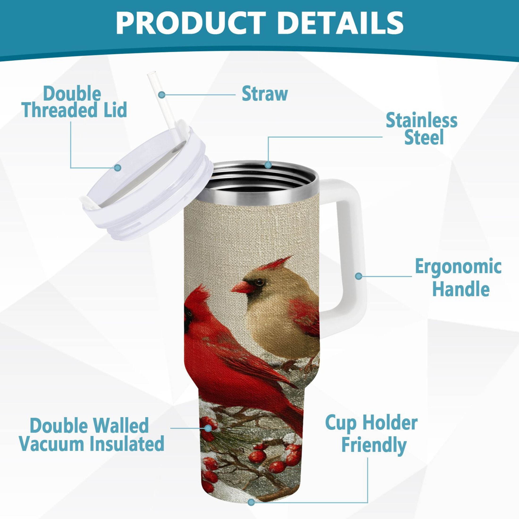 30 oz Insulated Stainless Steel Tumbler Double Wall Stainless Steel Tumbler with 2-Way Drinking Bird and Snow-covered Trees C615B