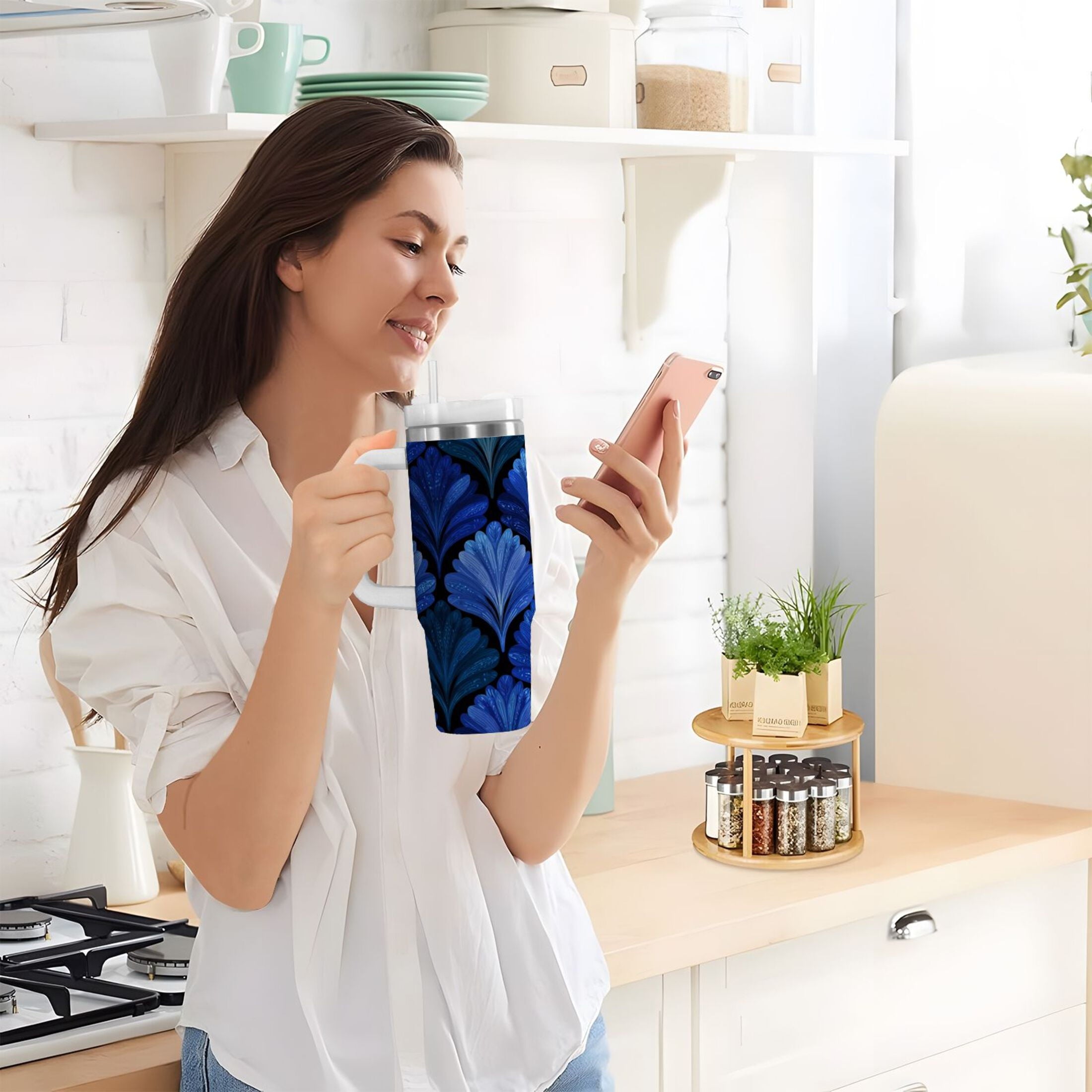 30 oz Insulated Stainless Steel Tumbler Double Wall Stainless Steel Tumbler with 2-Way Drinking Blue Batik Leaves Pattern C525W