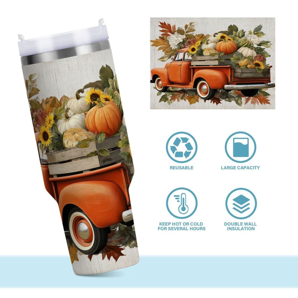 40 oz Insulated Stainless Steel Tumbler Double Wall Stainless Steel Tumbler with 2-Way Drinking Truck Full Of Pumpkins C650E