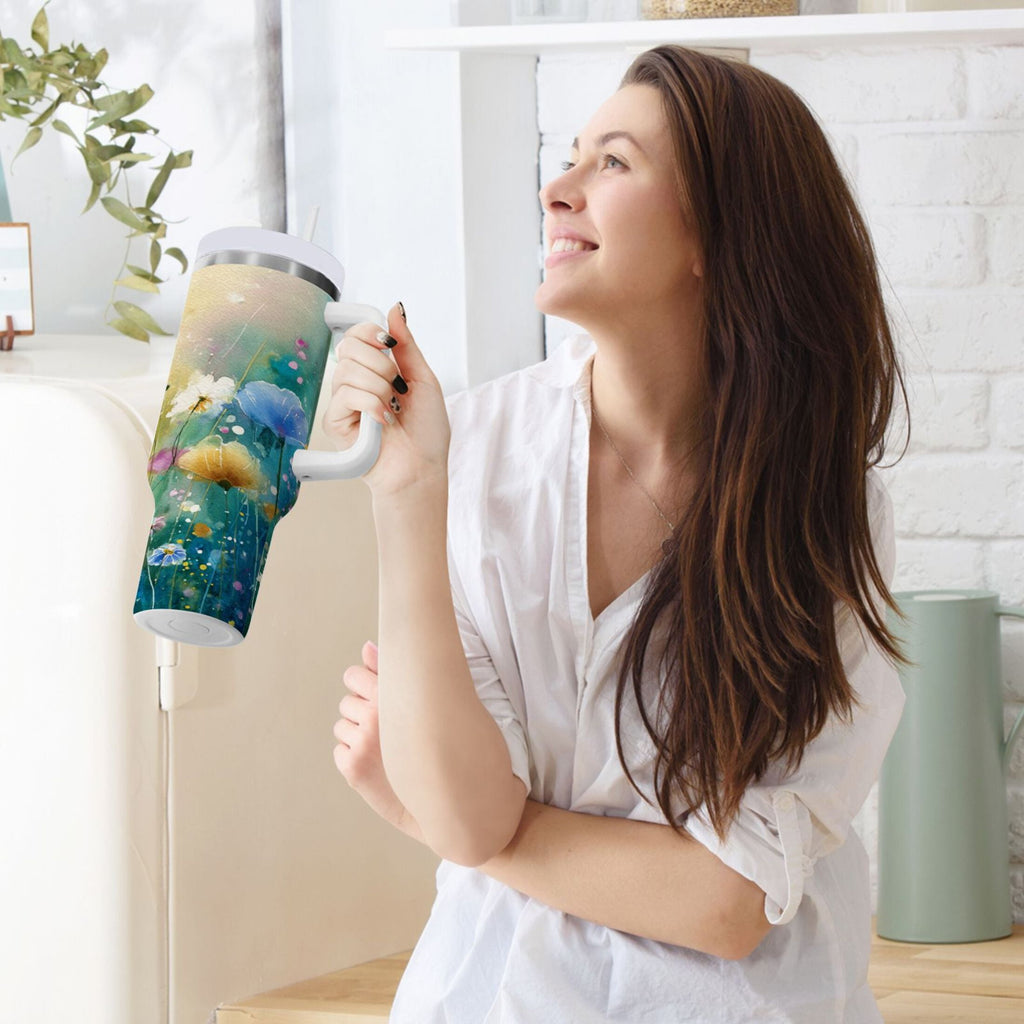 30 oz Insulated Stainless Steel Tumbler Double Wall Stainless Steel Tumbler with 2-Way Drinking Watercolor Wildflowers C563F