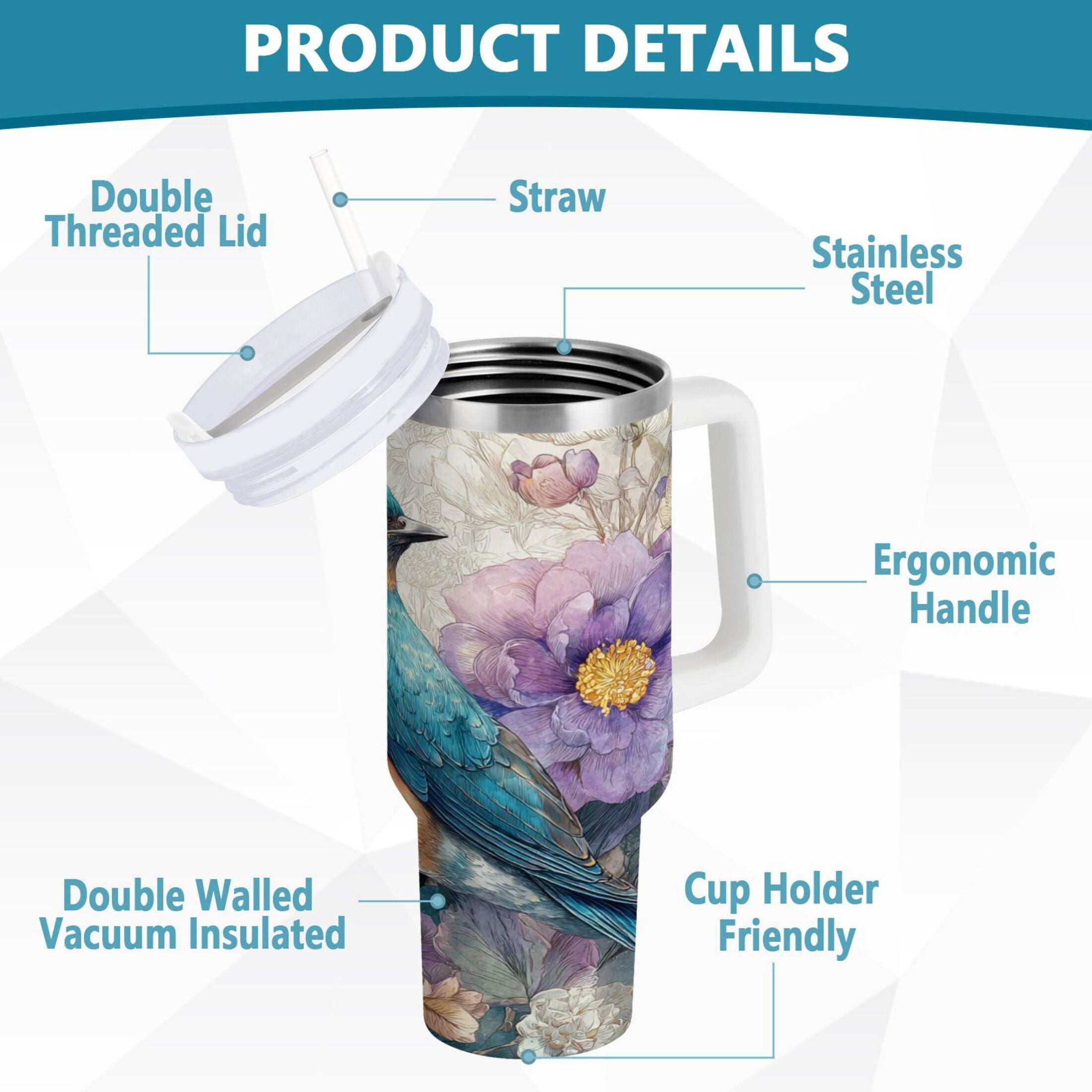 30 oz Insulated Stainless Steel Tumbler Double Wall Stainless Steel Tumbler with 2-Way Drinking Bluebird and Flower C538C