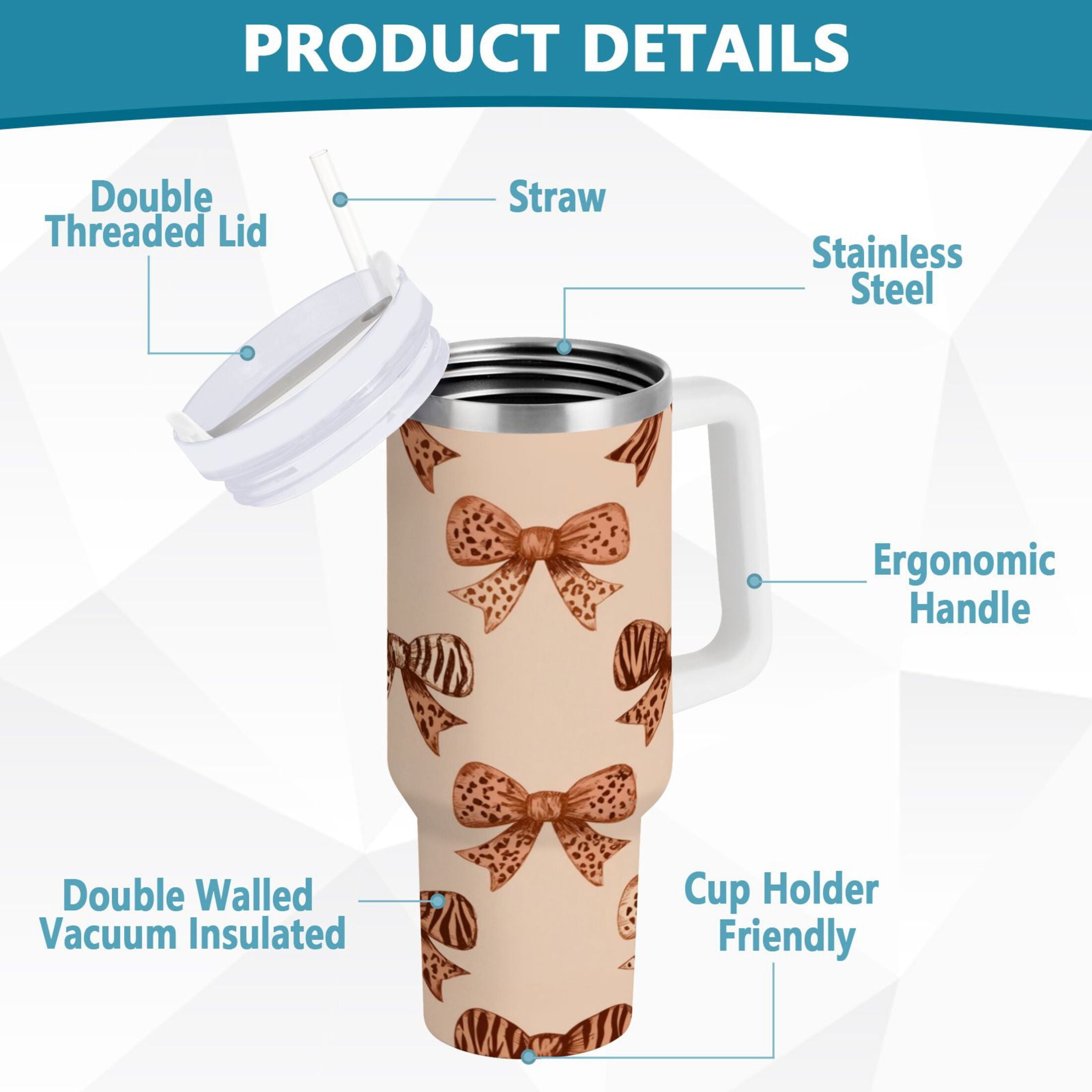 40 oz Insulated Stainless Steel Tumbler Double Wall Stainless Steel Tumbler with 2-Way Drinking Leopard Print Bow C550Y