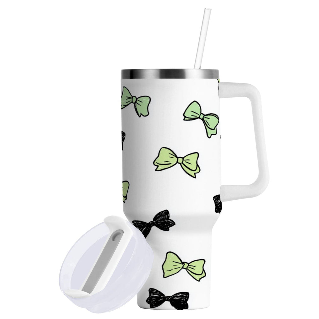 40 oz Insulated Stainless Steel Tumbler Double Wall Stainless Steel Tumbler with 2-Way Drinking Green and Black Bows C553N