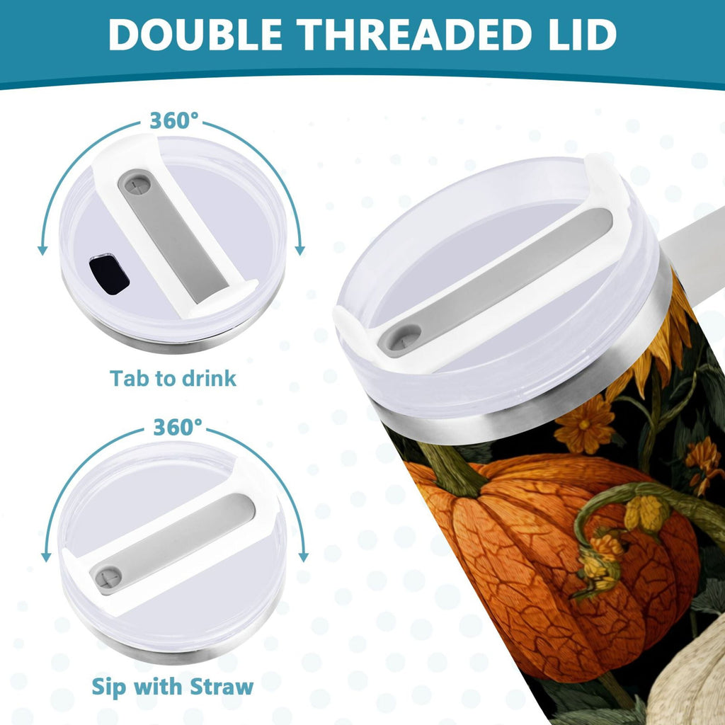 40 oz Insulated Stainless Steel Tumbler Double Wall Stainless Steel Tumbler with 2-Way Drinking Pumpkins and Sunflowers Pattern C560B