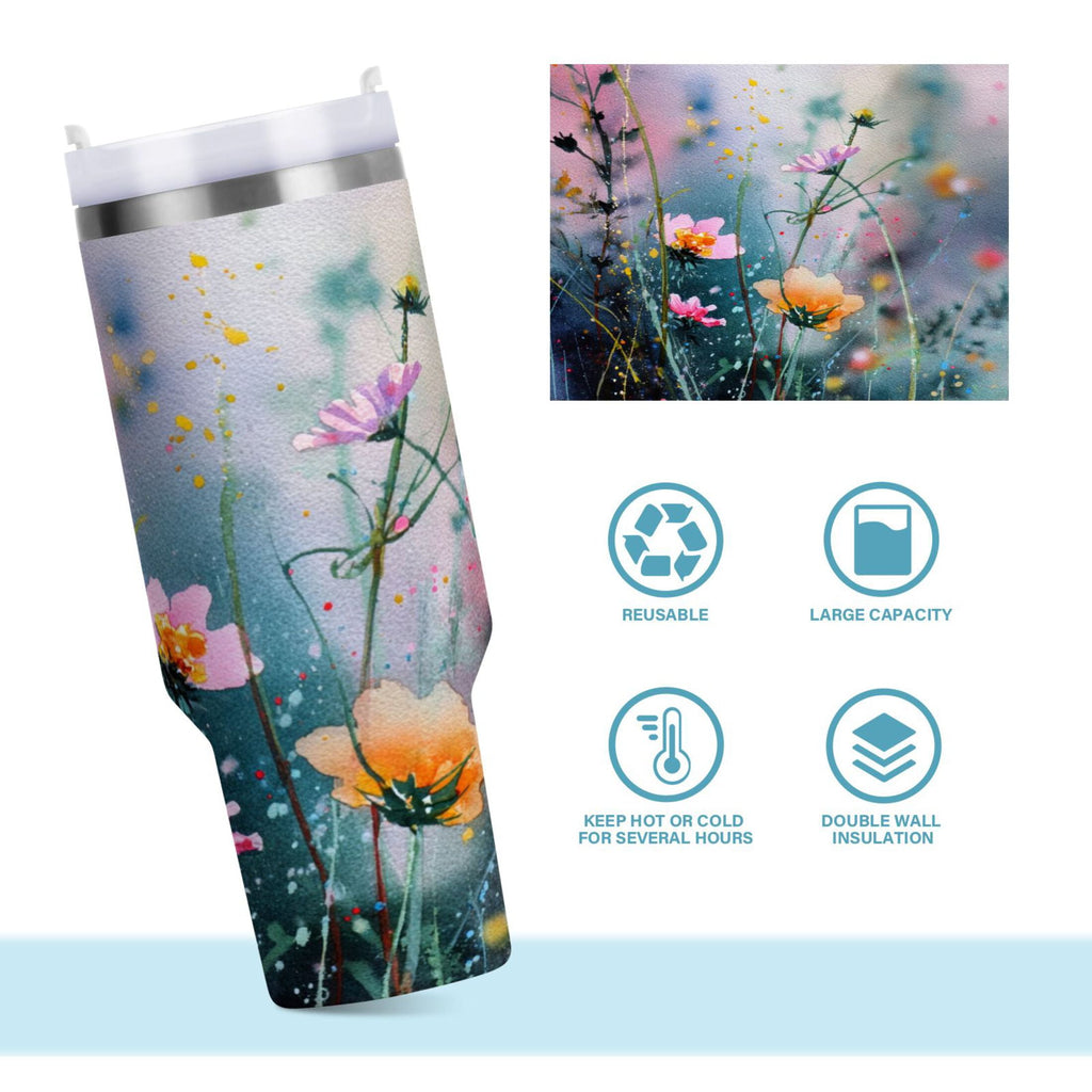 40 oz Insulated Stainless Steel Tumbler Double Wall Stainless Steel Tumbler with 2-Way Drinking Abstract Wildflowers C504S